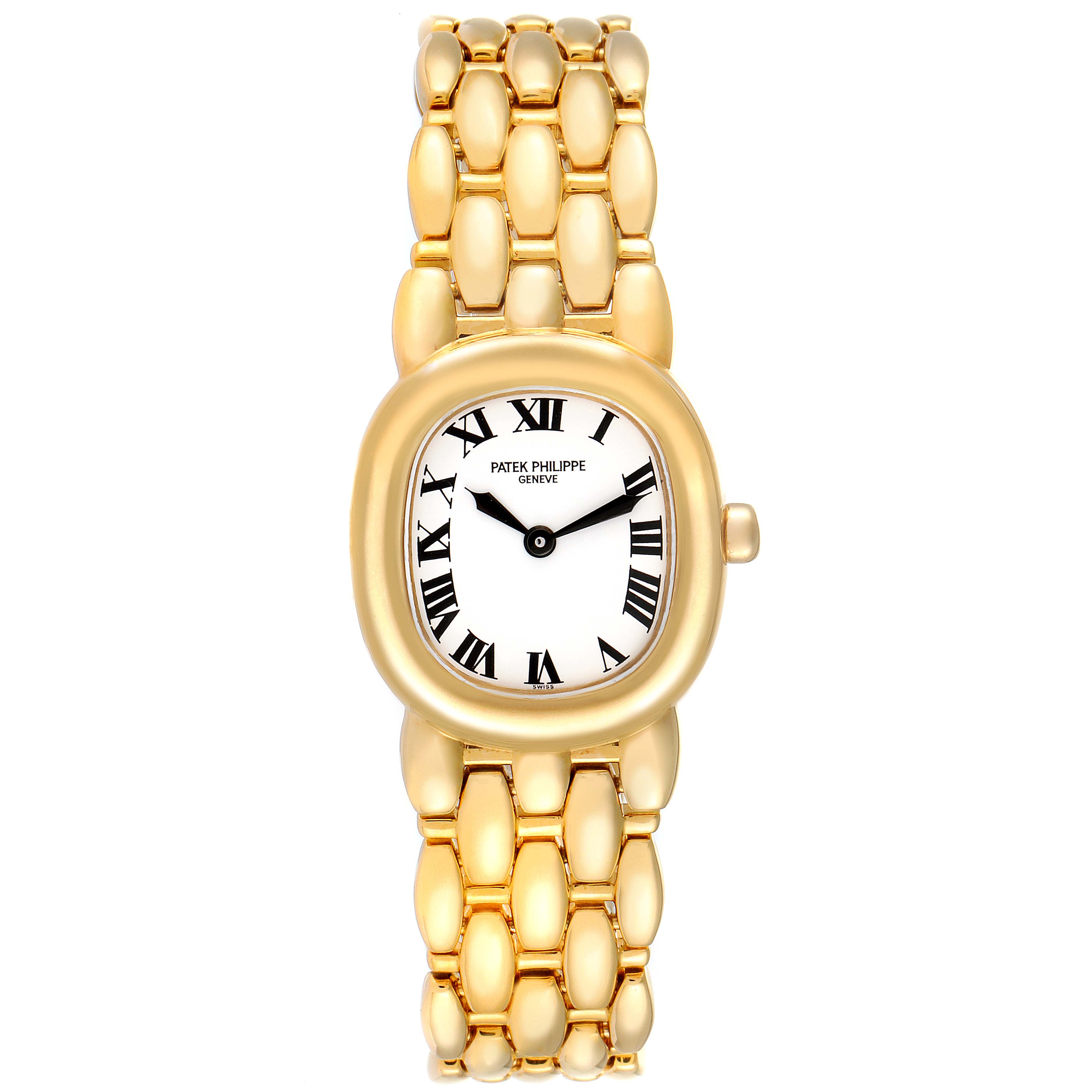 The image shows a front view of the Patek Philippe Golden Ellipse 4830J Women's Yellow Gold White Dial 4830J Women's Yellow Gold White Dial watch, displaying the face and wristband.