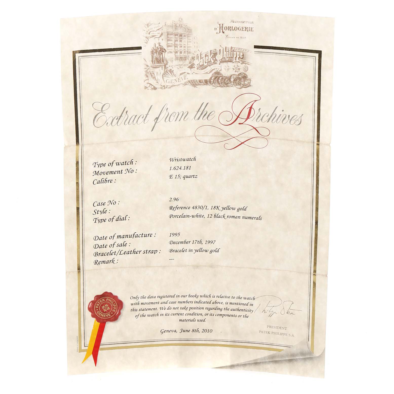 The image shows a certificate for the Patek Philippe Golden Ellipse 4830J Women's Yellow Gold White Dial 4830J Women's Yellow Gold White Dial model, detailing its specifications and authenticity.