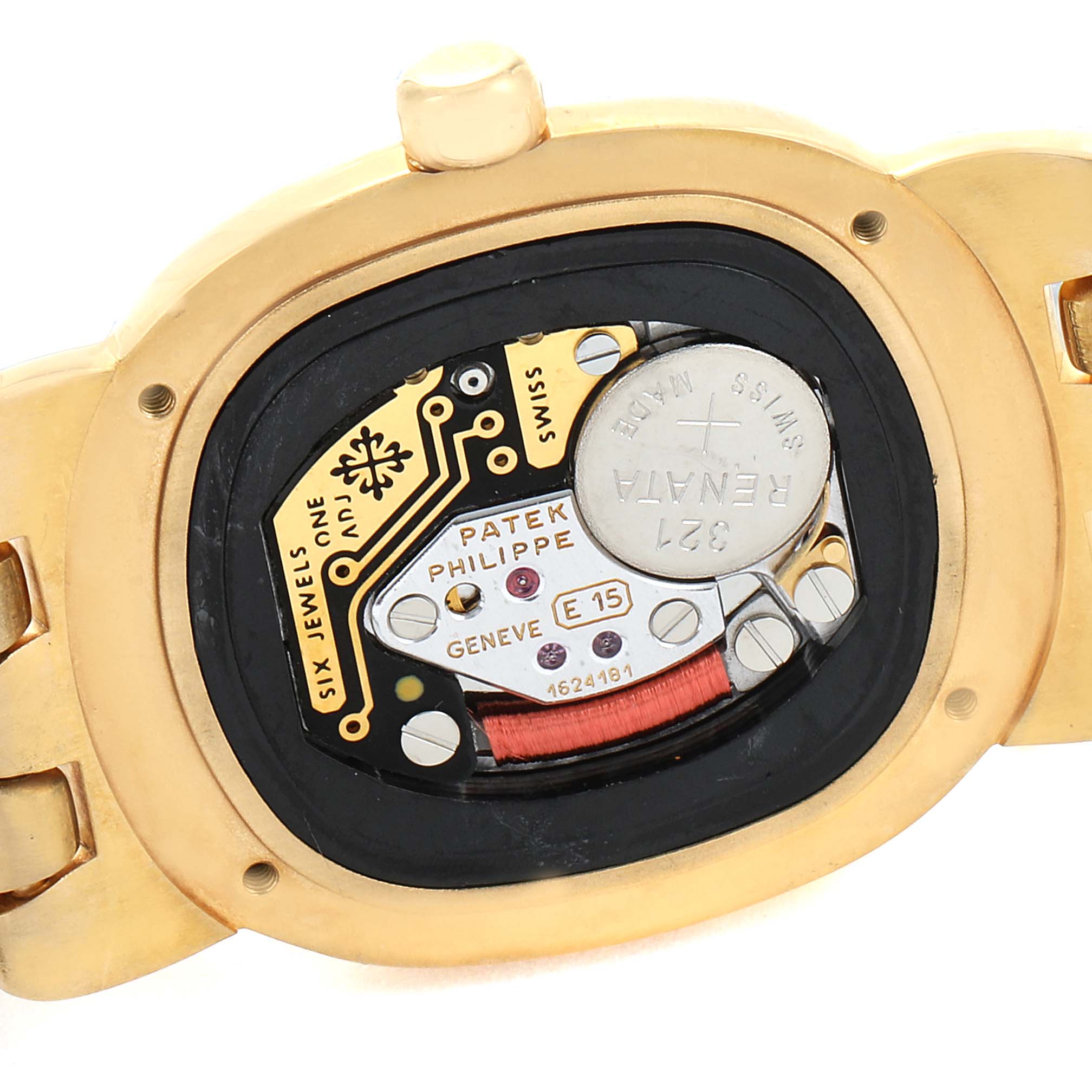 This image shows the internal mechanism of the Patek Philippe Golden Ellipse 4830J Women's Yellow Gold White Dial 4830J Women's Yellow Gold White Dial model, including the battery and various components.