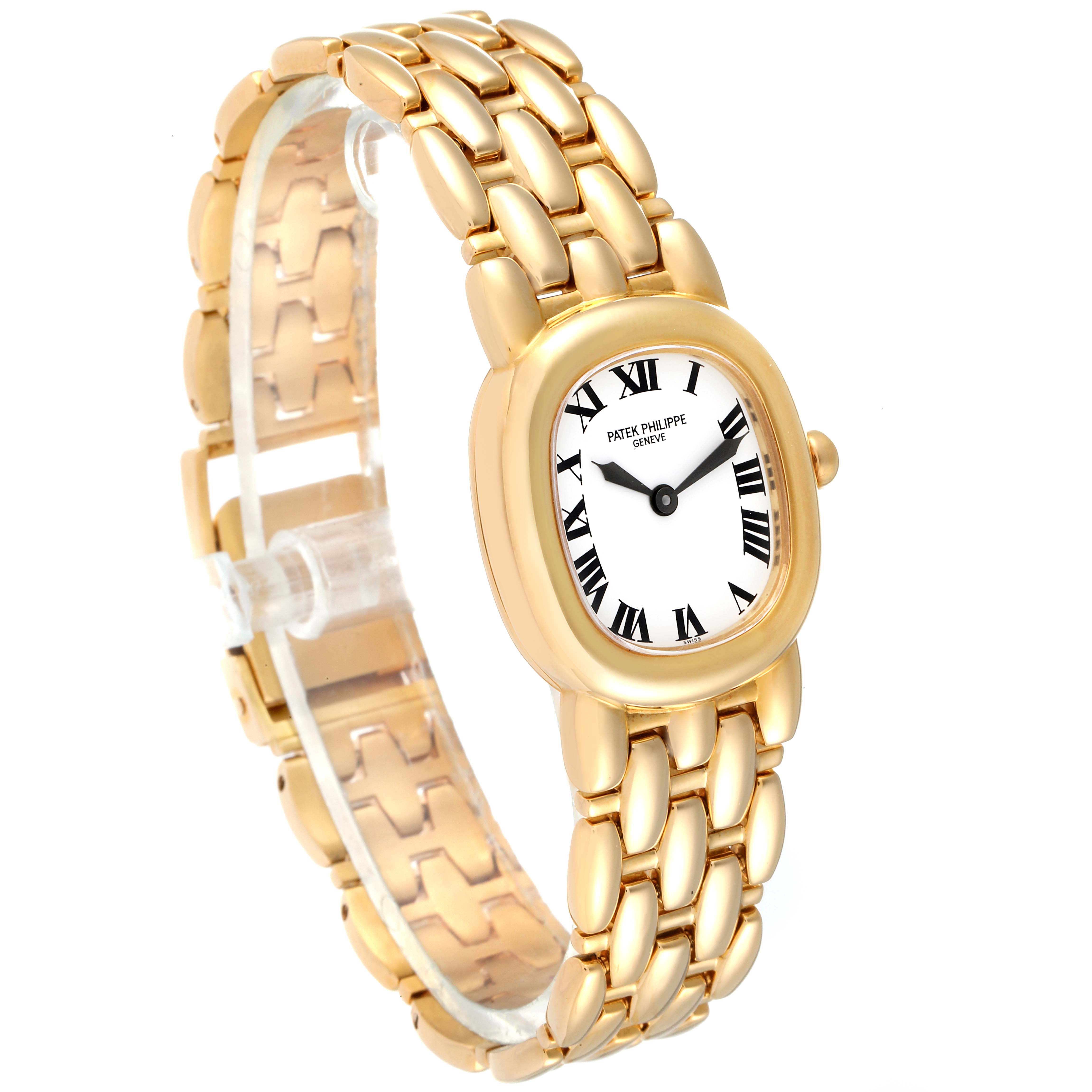 The image shows a side angle of the Patek Philippe Golden Ellipse 4830J Women's Yellow Gold White Dial 4830J Women's Yellow Gold White Dial watch, displaying its face and bracelet.