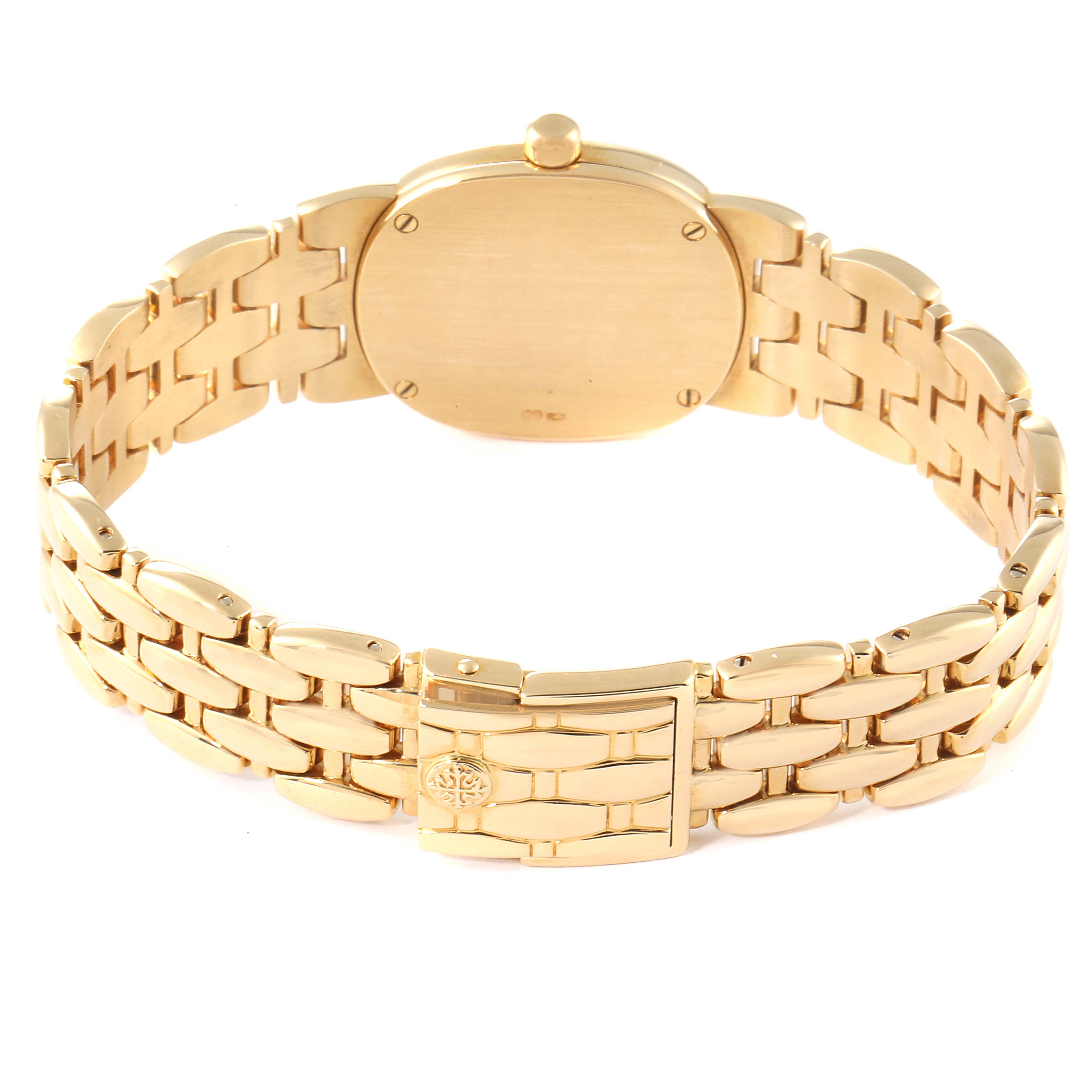 The image shows the back view of a Patek Philippe Golden Ellipse 4830J Women's Yellow Gold White Dial 4830J Women's Yellow Gold White Dial watch, highlighting the case back and the bracelet.