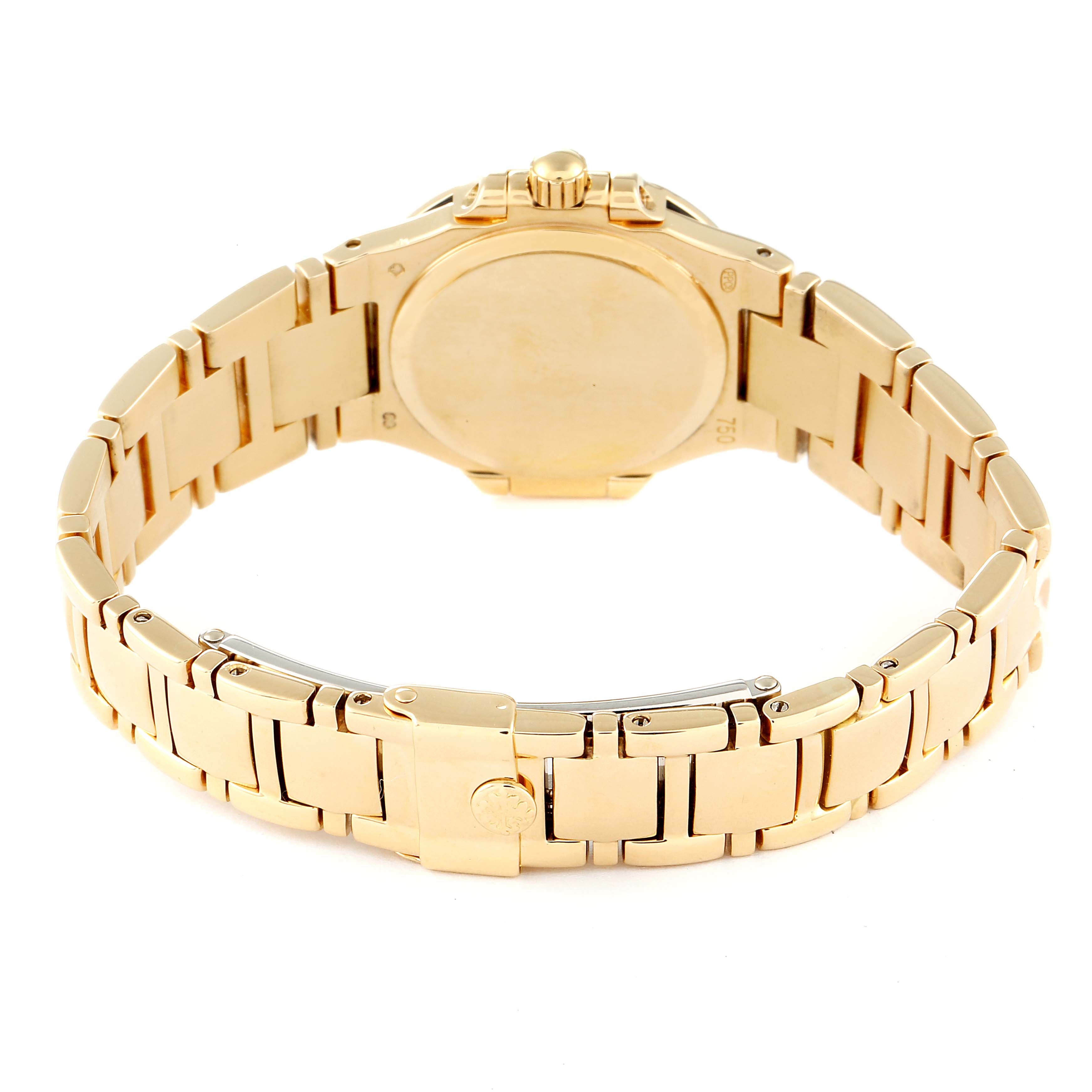 The image shows the back case and bracelet of a Patek Philippe Nautilus 4700/530 Women's Yellow Gold Beige Dial 4700/530 Women's Yellow Gold Beige Dial watch, viewed from the rear.