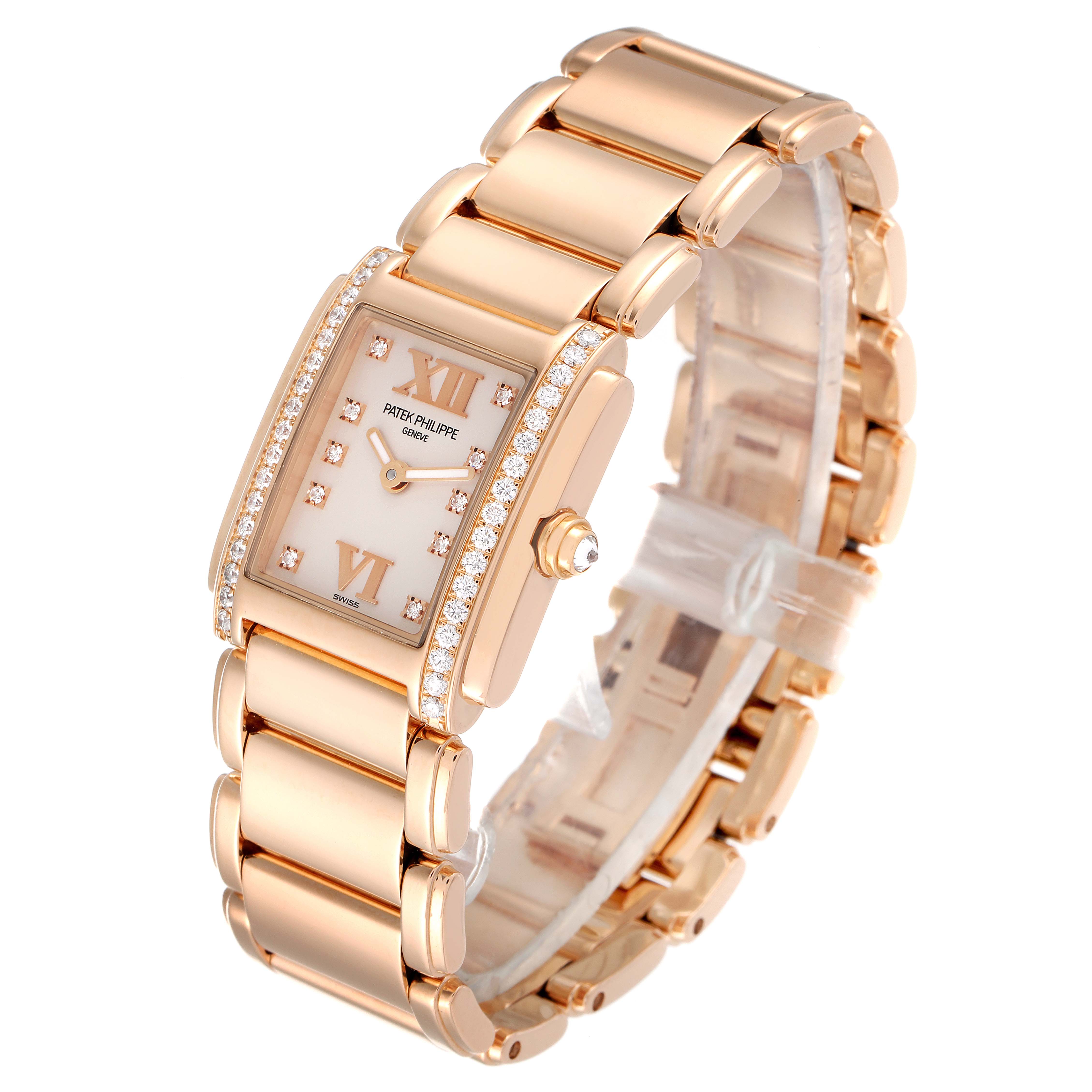 The Patek Philippe Twenty-4 4908R Women's Rose Gold Silver Dial 4908R Women's Rose Gold Silver Dial watch is shown at an angle displaying its face, bracelet, and side profile.
