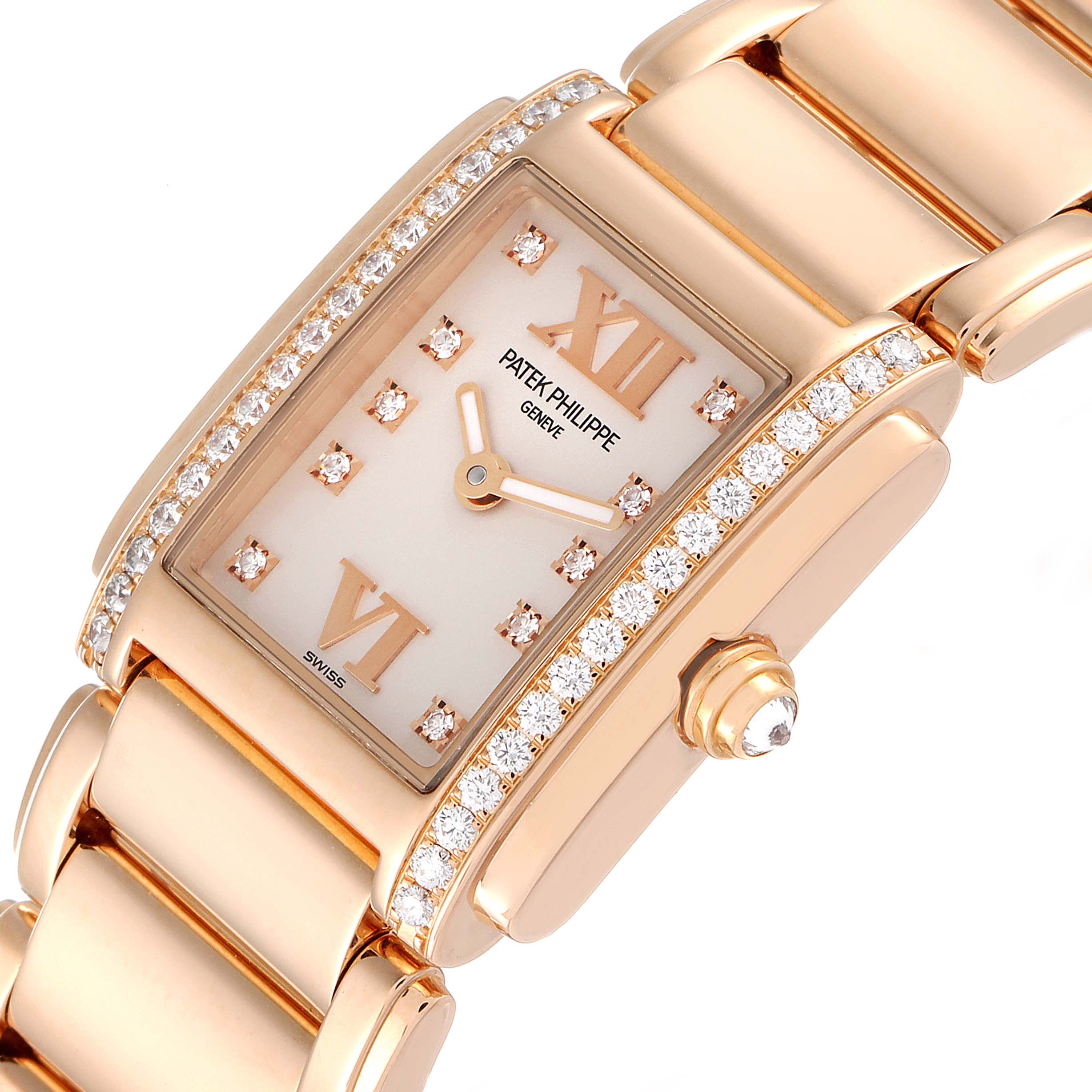The image shows a close-up angled view of the Patek Philippe Twenty-4 4908R Women's Rose Gold Silver Dial 4908R Women's Rose Gold Silver Dial watch, highlighting its diamond-studded bezel, dial, and bracelet.