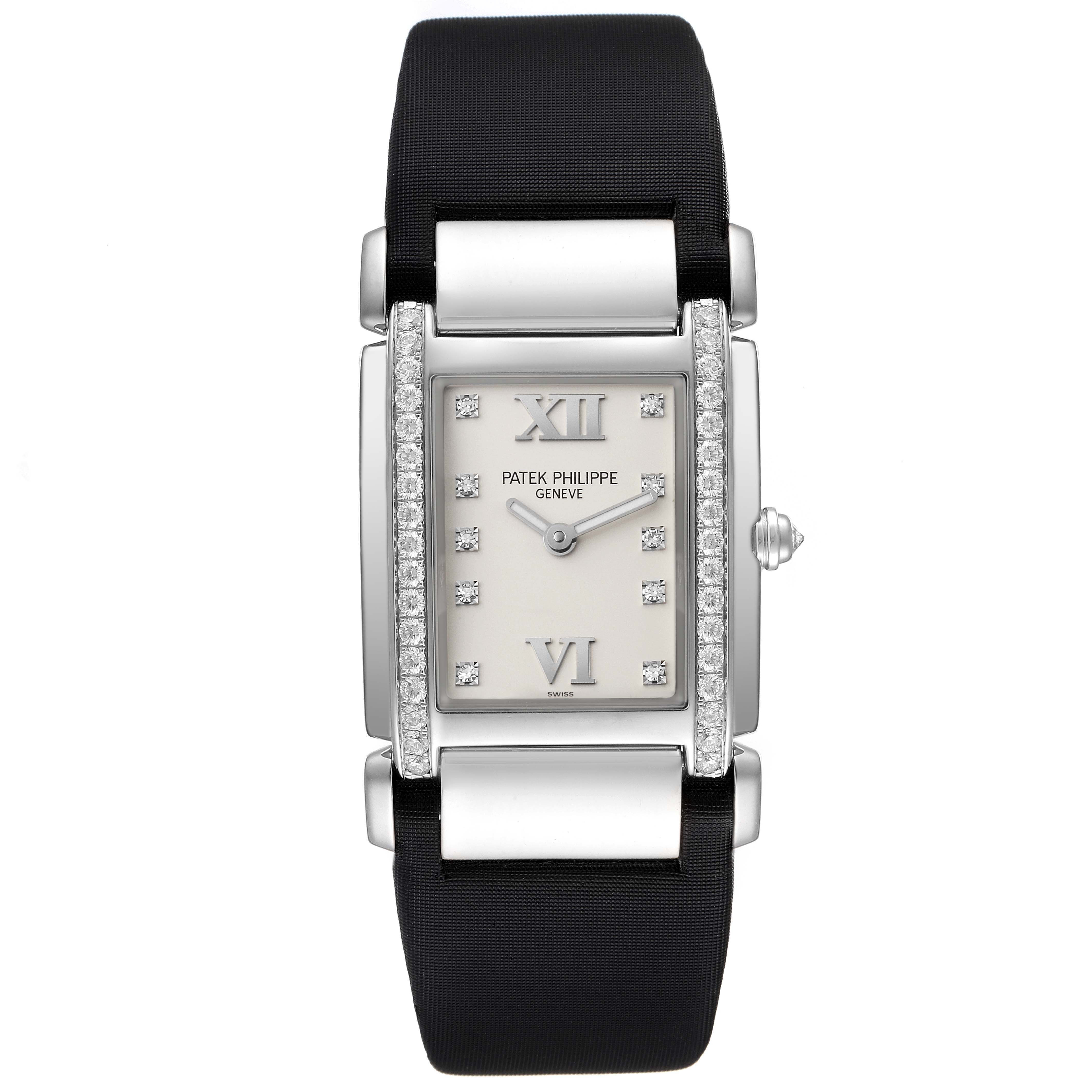 The image shows a frontal view of the Patek Philippe Twenty-4 4920G-010 Women's White Gold Silver Dial 4920G-010 Women's White Gold Silver Dial model watch.