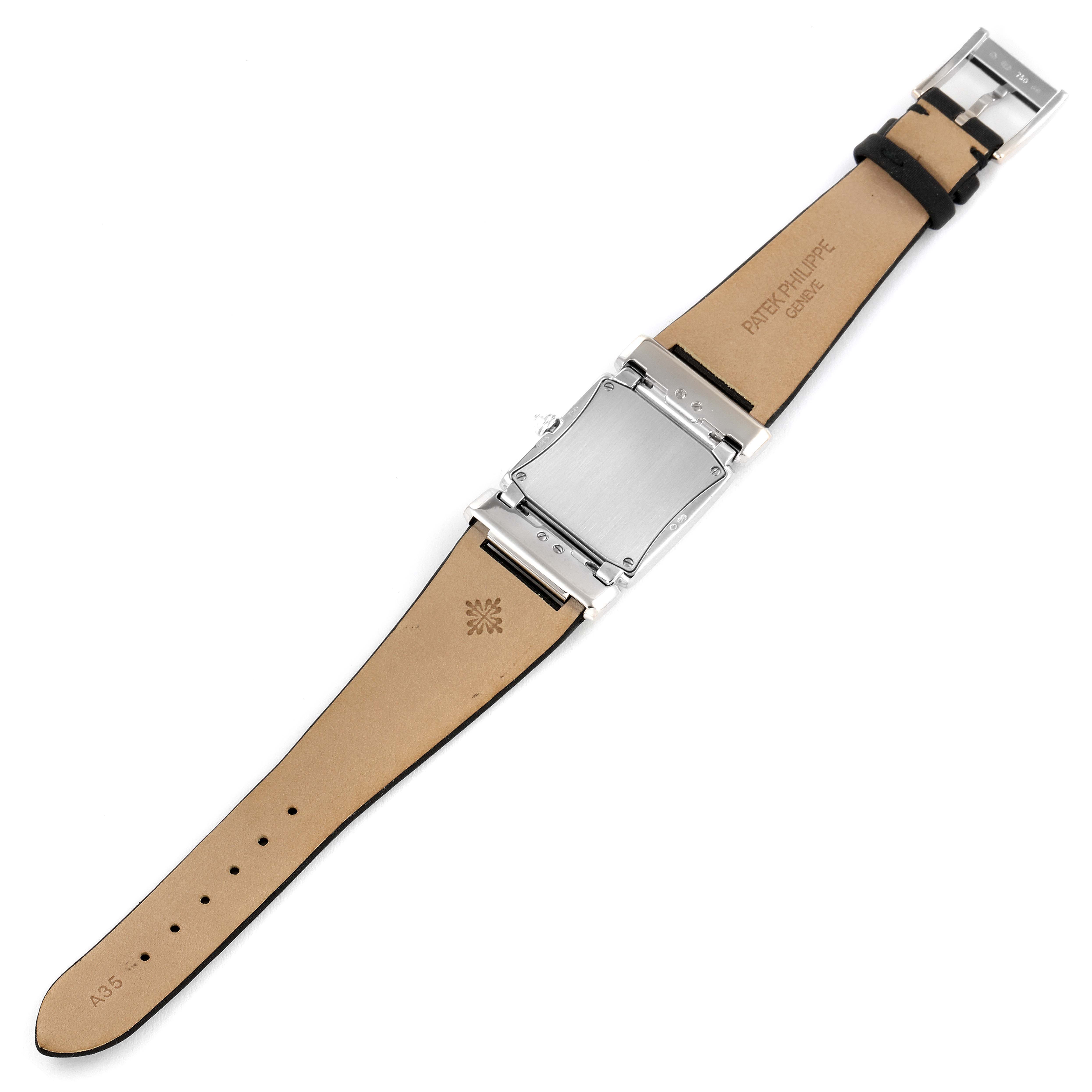 This image shows the back of the strap and case of a Patek Philippe Twenty-4 4920G-010 Women's White Gold Silver Dial 4920G-010 Women's White Gold Silver Dial watch.