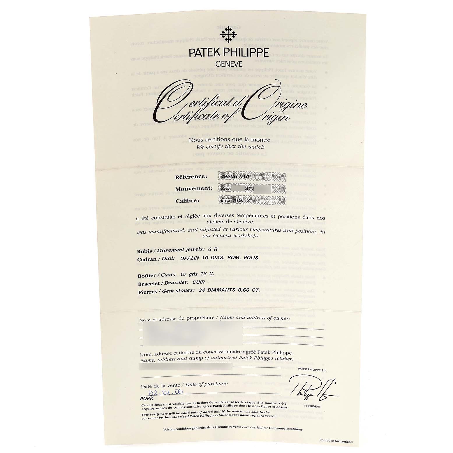 This image shows a Patek Philippe Certificate of Origin for the Twenty-4 model watch, displaying detailed information about the watch.