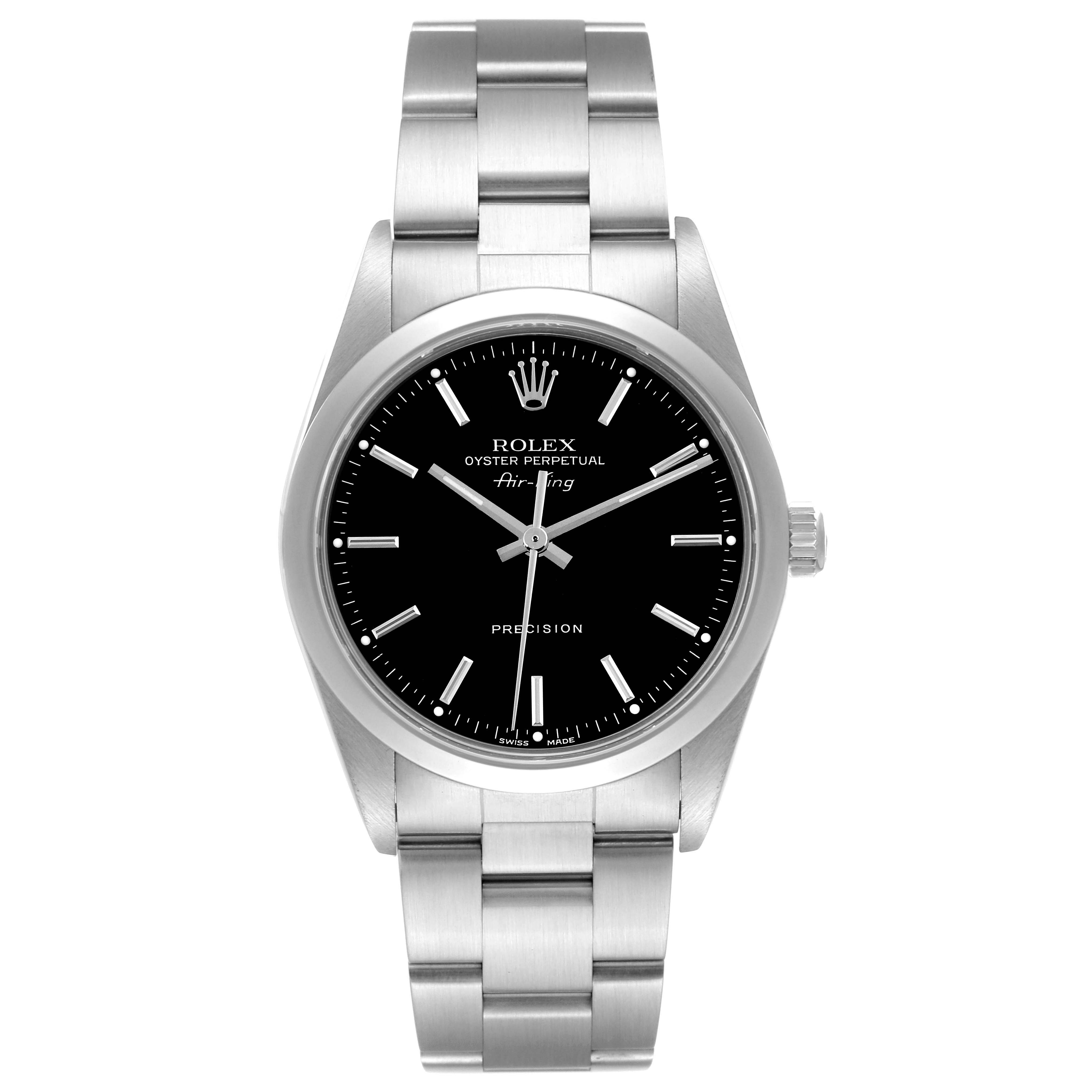The image shows a front view of the Rolex Air-King 14000 Men's Stainless Steel Black Dial 14000 Men's Stainless Steel Black Dial watch, displaying the dial, bezel, case, and stainless steel bracelet.