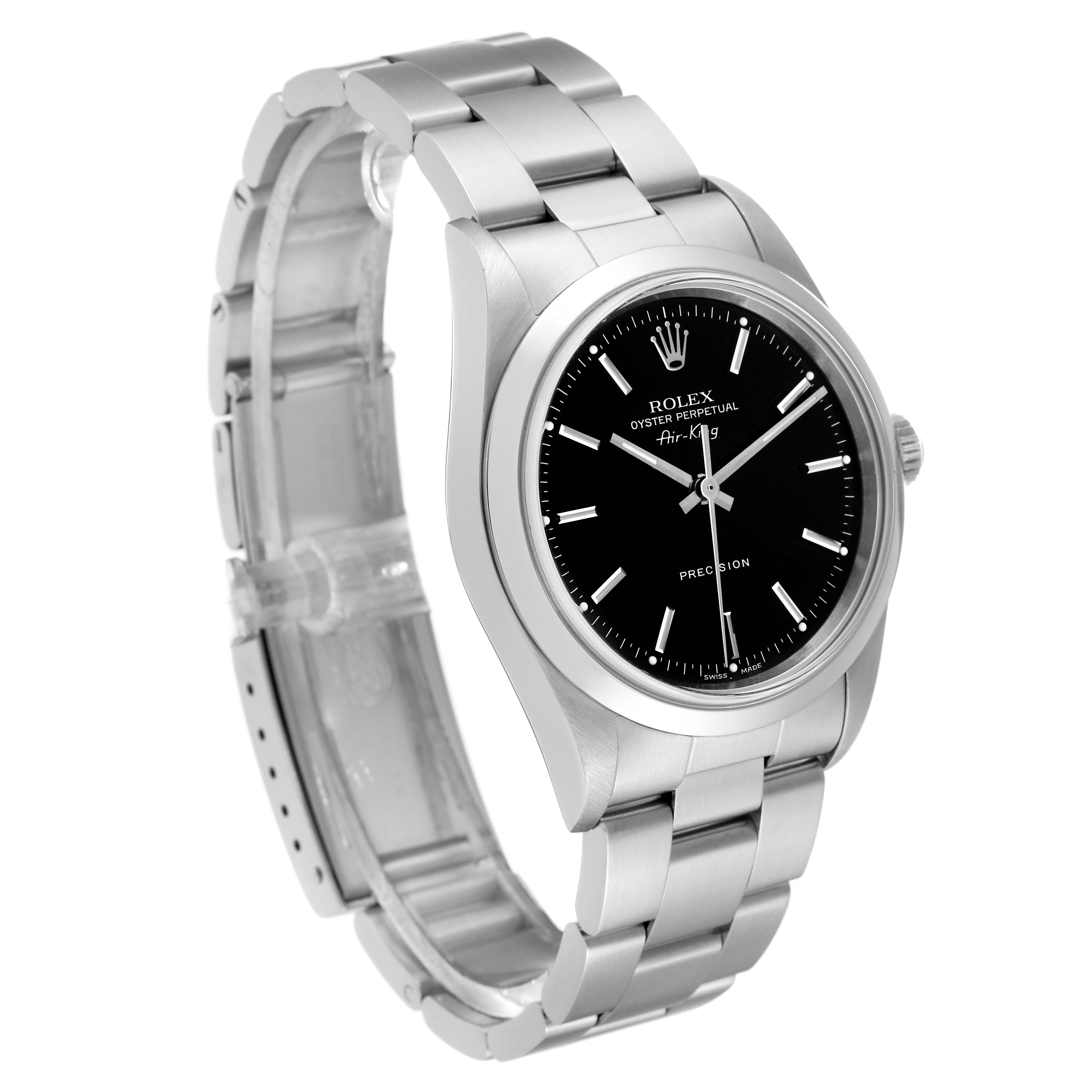 The image shows a Rolex Air-King 14000 Men's Stainless Steel Black Dial 14000 Men's Stainless Steel Black Dial watch at a slight angle, displaying the face, bezel, case, bracelet, and crown.