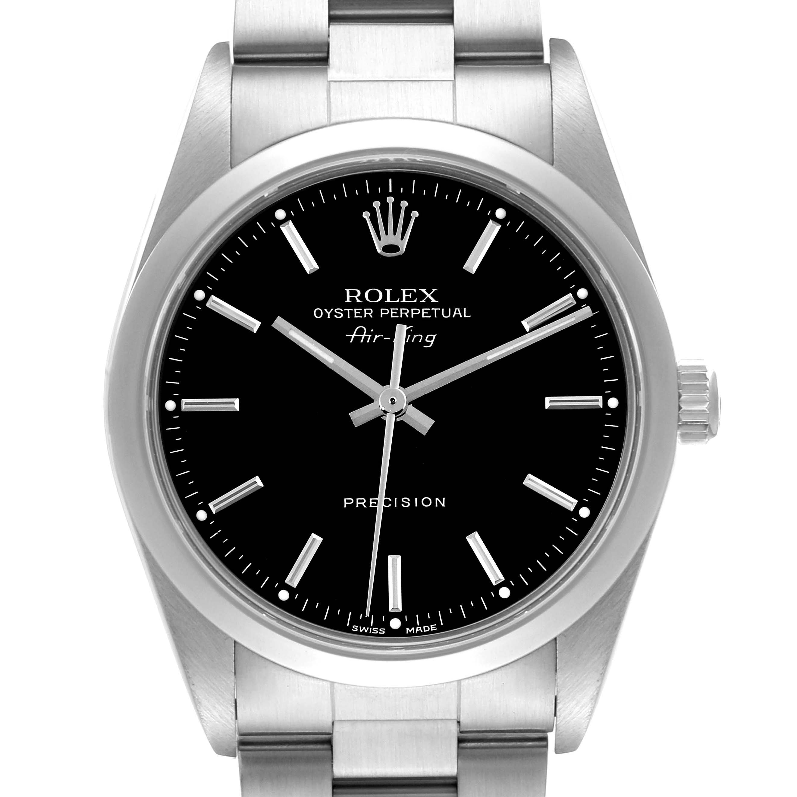 The image shows a front view of a Rolex Air-King 14000 Men's Stainless Steel Black Dial 14000 Men's Stainless Steel Black Dial watch, displaying its black dial, stainless steel case, and bracelet.