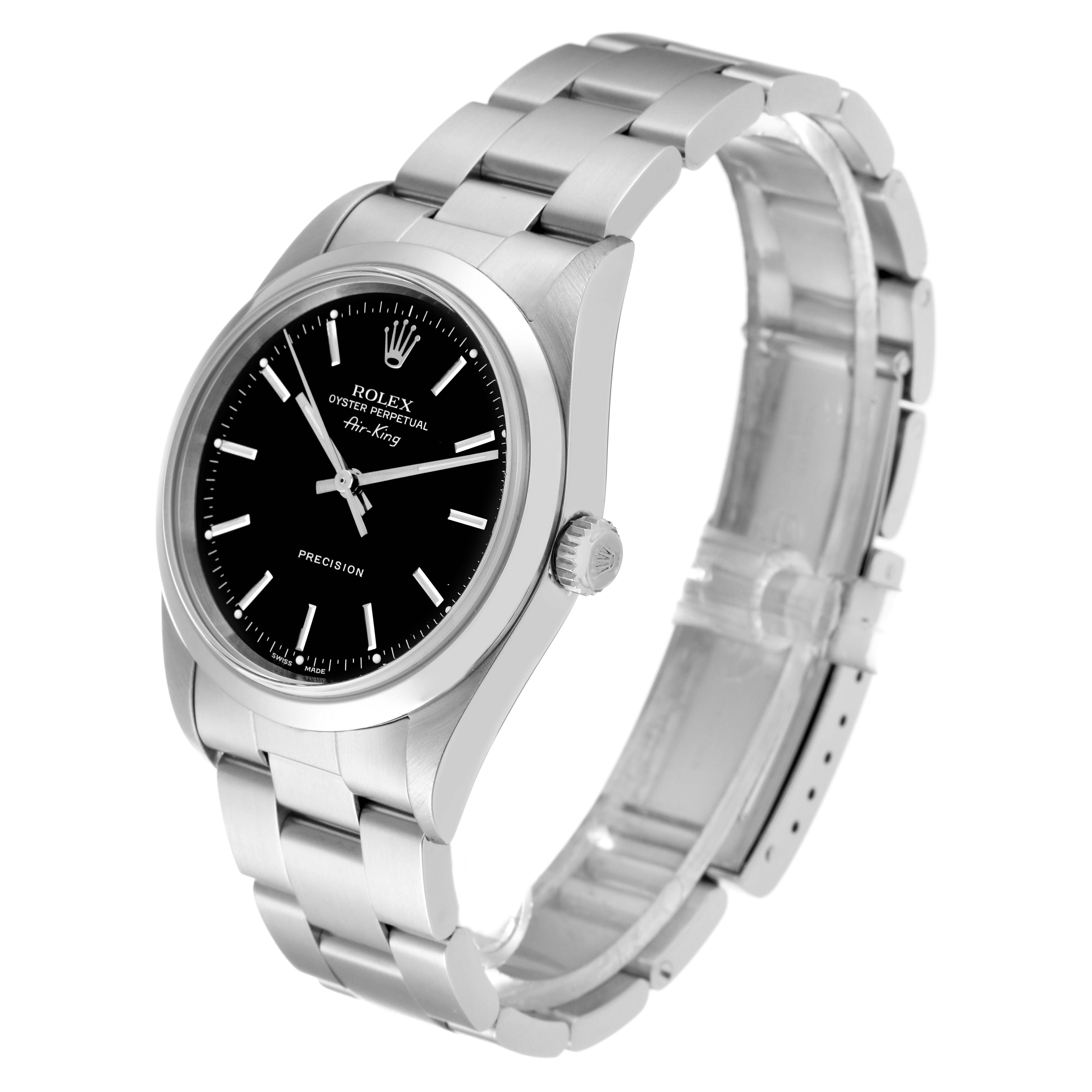 The Rolex Air-King 14000 Men's Stainless Steel Black Dial 14000 Men's Stainless Steel Black Dial watch is shown at a three-quarter angle, highlighting the dial, case, and bracelet.