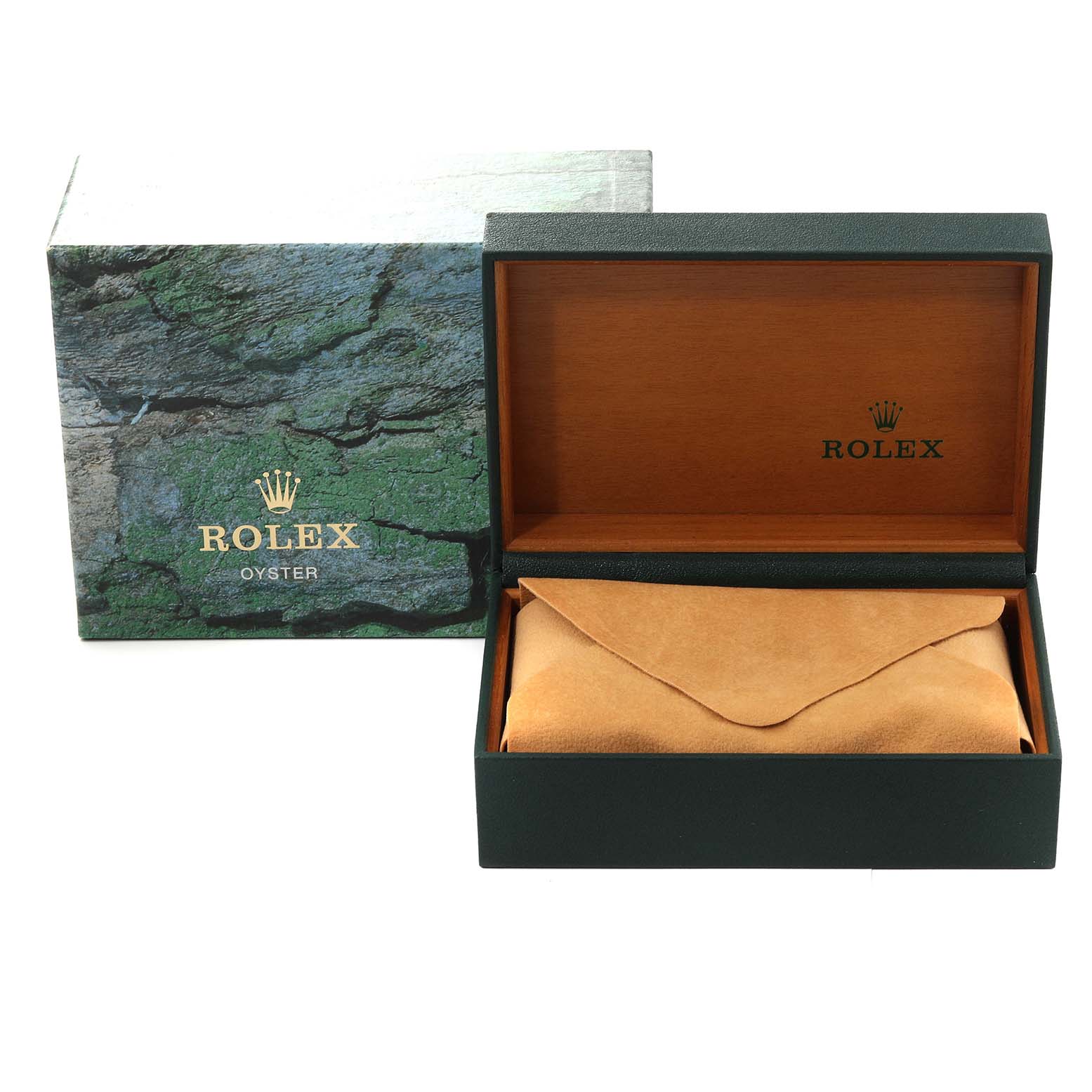 The image shows the packaging of a Rolex Air-King 14000 Men's Stainless Steel Black Dial 14000 Men's Stainless Steel Black Dial watch, including an open box, cushion, and an outer box.