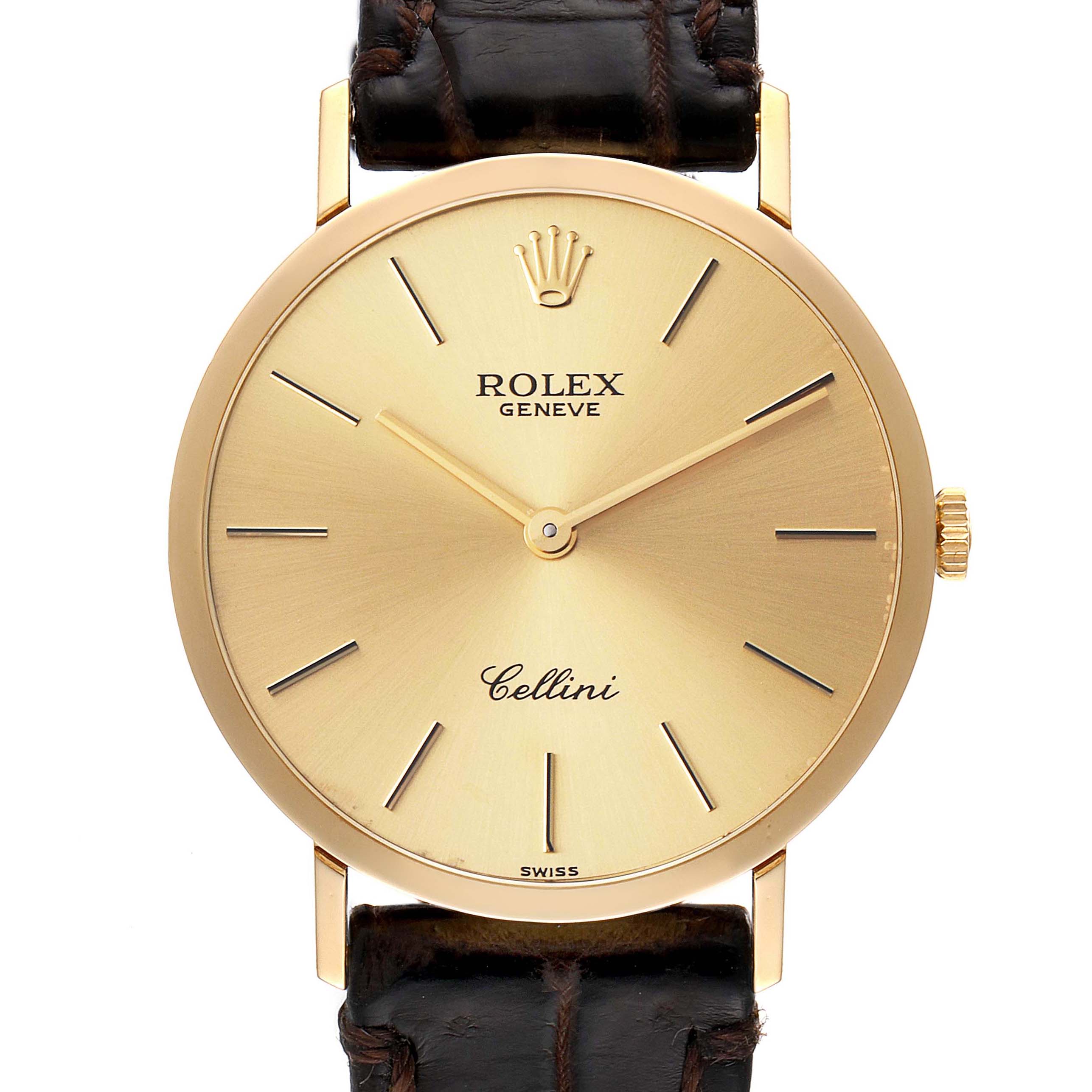 The image shows a front view of a Rolex Cellini 4112 Men's Yellow Gold Champagne Dial 4112 Men's Yellow Gold Champagne Dial watch with a gold dial and brown leather strap.