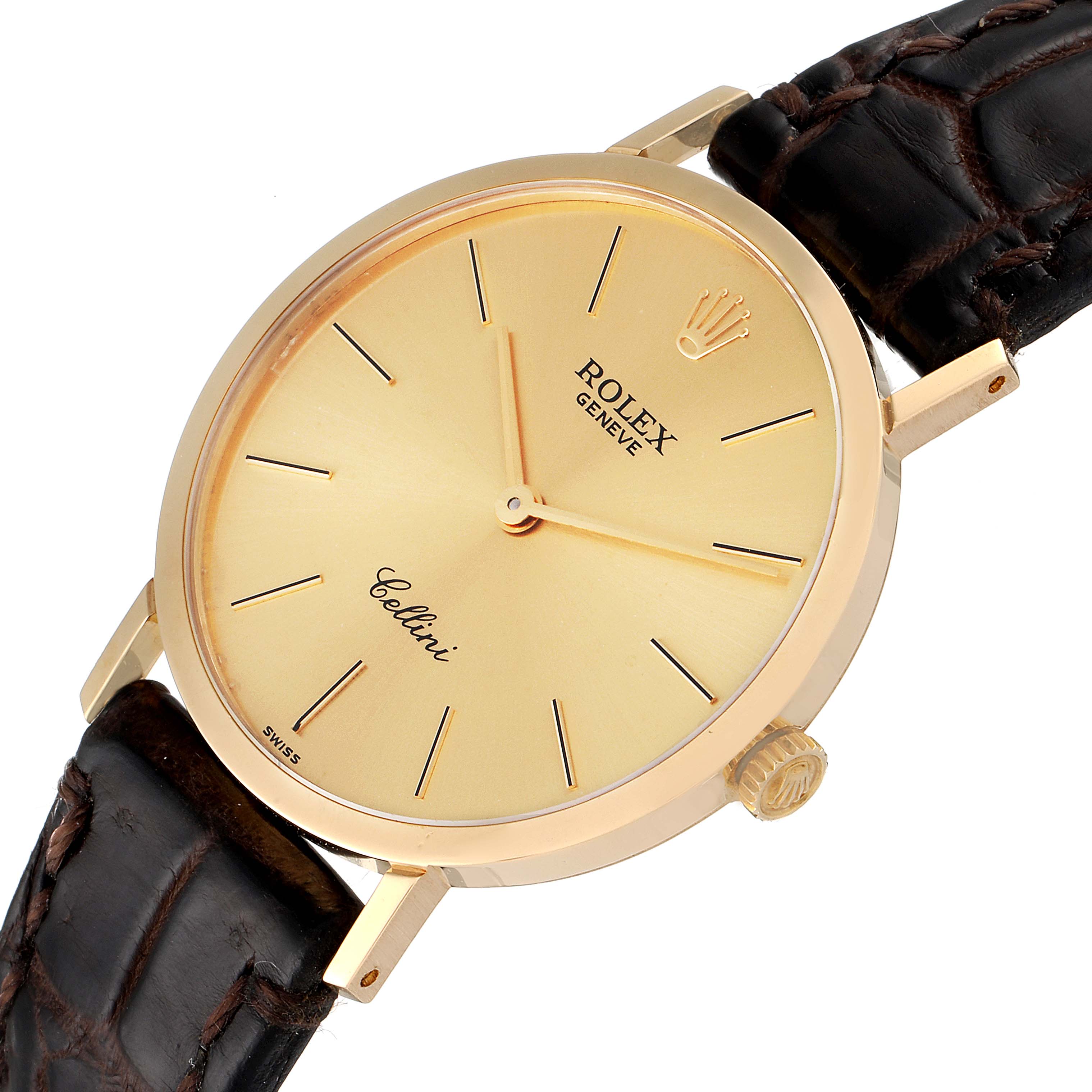 The image shows a close-up of the Rolex Cellini 4112 Men's Yellow Gold Champagne Dial 4112 Men's Yellow Gold Champagne Dial watch face, crown, and straps at an angled top-down view.