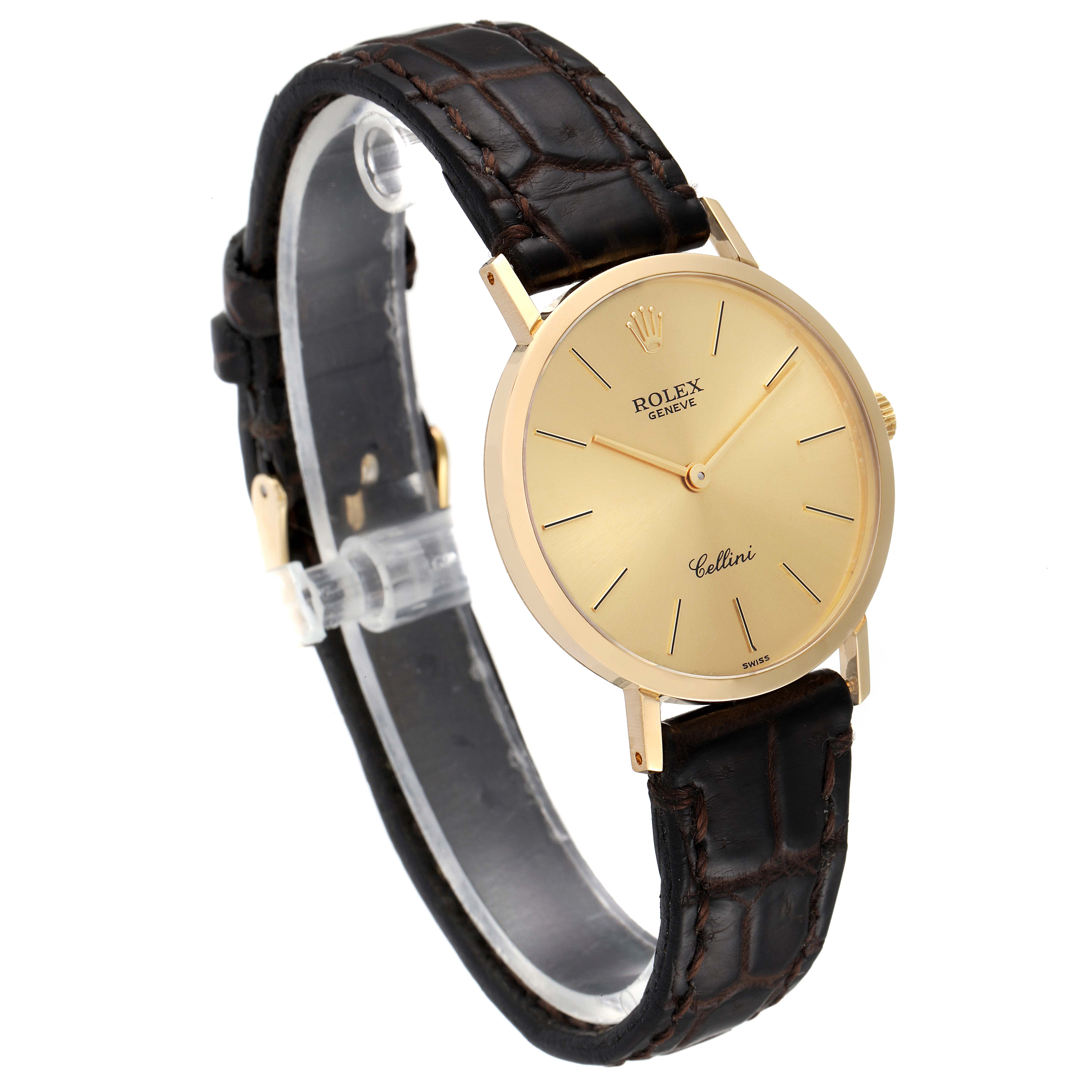 The image shows a Rolex Cellini 4112 Men's Yellow Gold Champagne Dial 4112 Men's Yellow Gold Champagne Dial watch at a slight angle, highlighting its gold dial, brown leather strap, and minimalistic design.