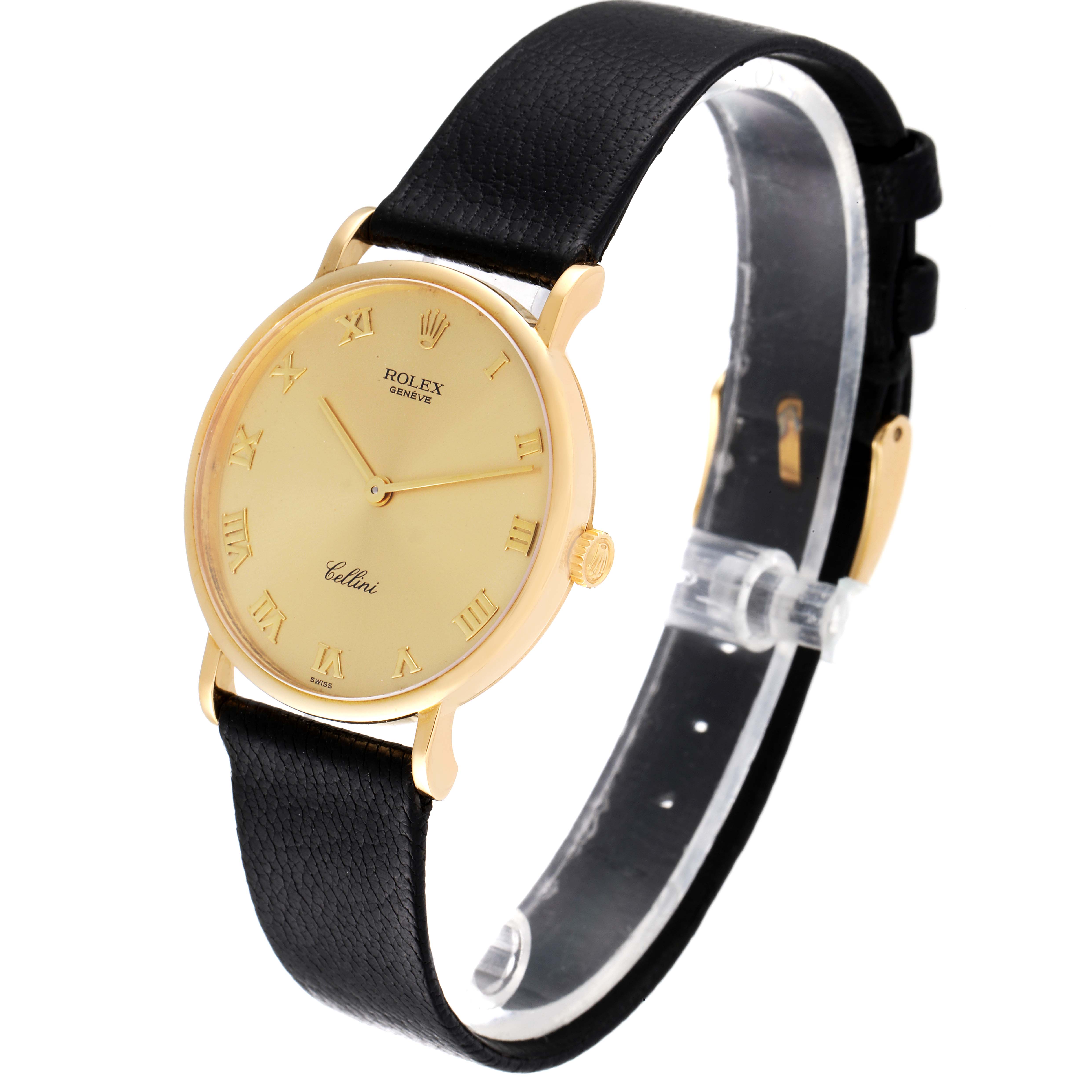 The image shows a side angle view of a Rolex Cellini 5112 Men's Yellow Gold Champagne Dial 5112 Men's Yellow Gold Champagne Dial watch, highlighting its gold case, black leather strap, and Roman numeral dial.