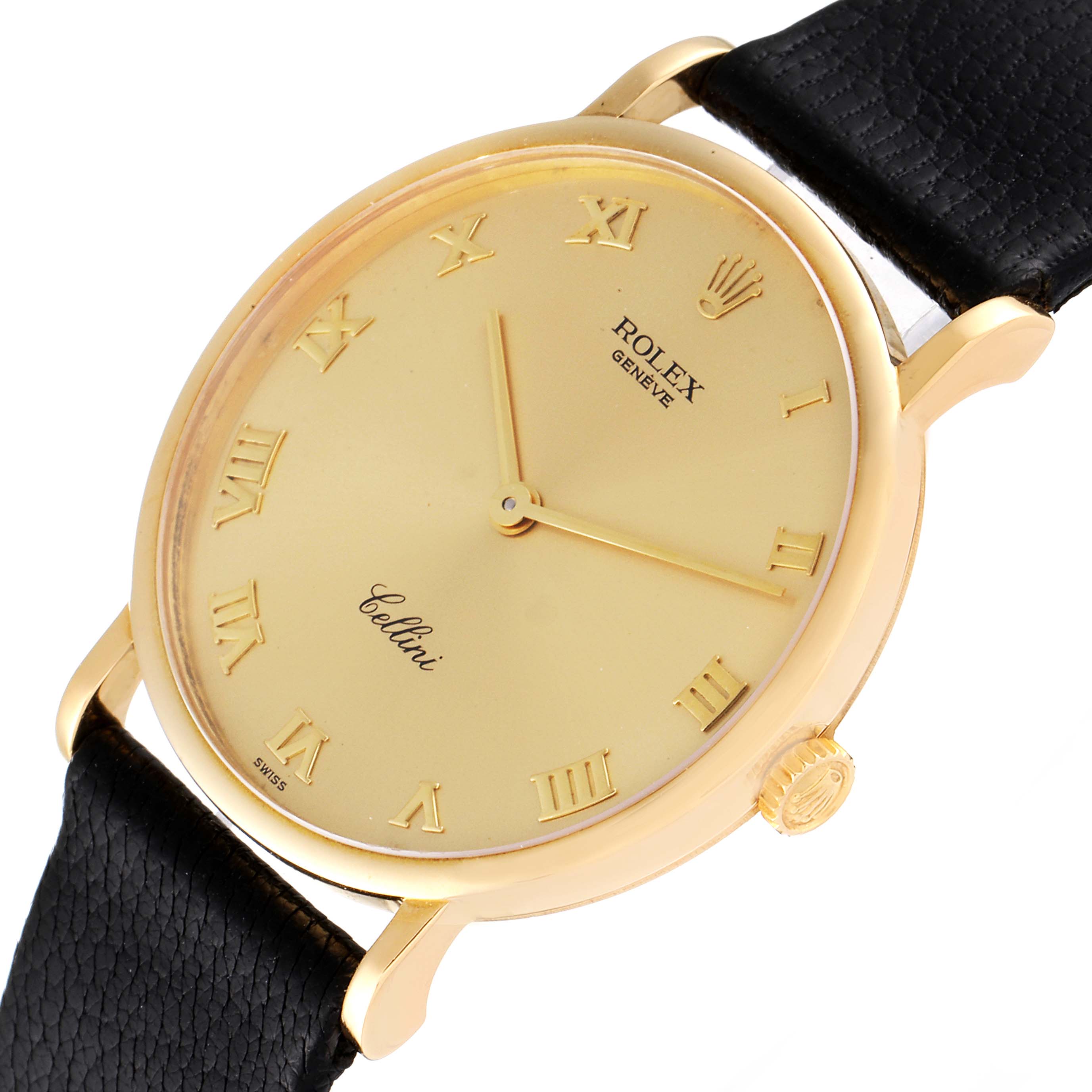 The watch shows a close-up angle of the Rolex Cellini 5112 Men's Yellow Gold Champagne Dial 5112 Men's Yellow Gold Champagne Dial model, highlighting its gold dial, Roman numerals, and black leather strap.
