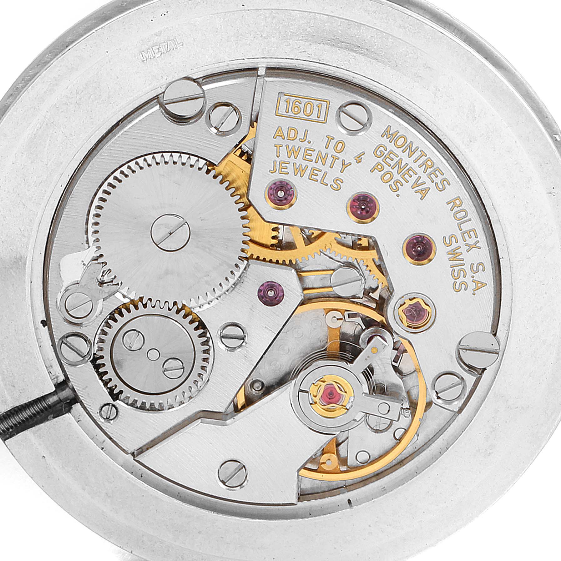 The image shows the internal mechanical movement of the Rolex Cellini 5112 Men's Yellow Gold Champagne Dial 5112 Men's Yellow Gold Champagne Dial watch, highlighting gears and jewels up close.