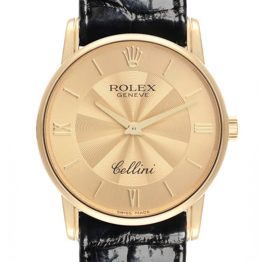 The image shows a front view of the Rolex Cellini watch, highlighting the gold dial, Roman numerals, and black leather strap.