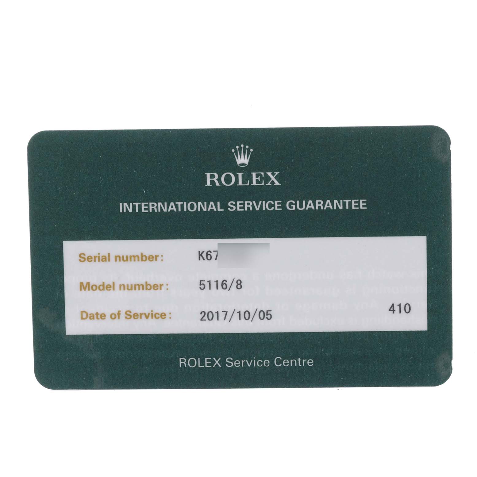 The image shows a Rolex Cellini 5116/8 Men
s Yellow Gold Champagne Dial 5116/8 Men
s Yellow Gold Champagne Dial model service guarantee card detailing serial, model numbers, and service date.