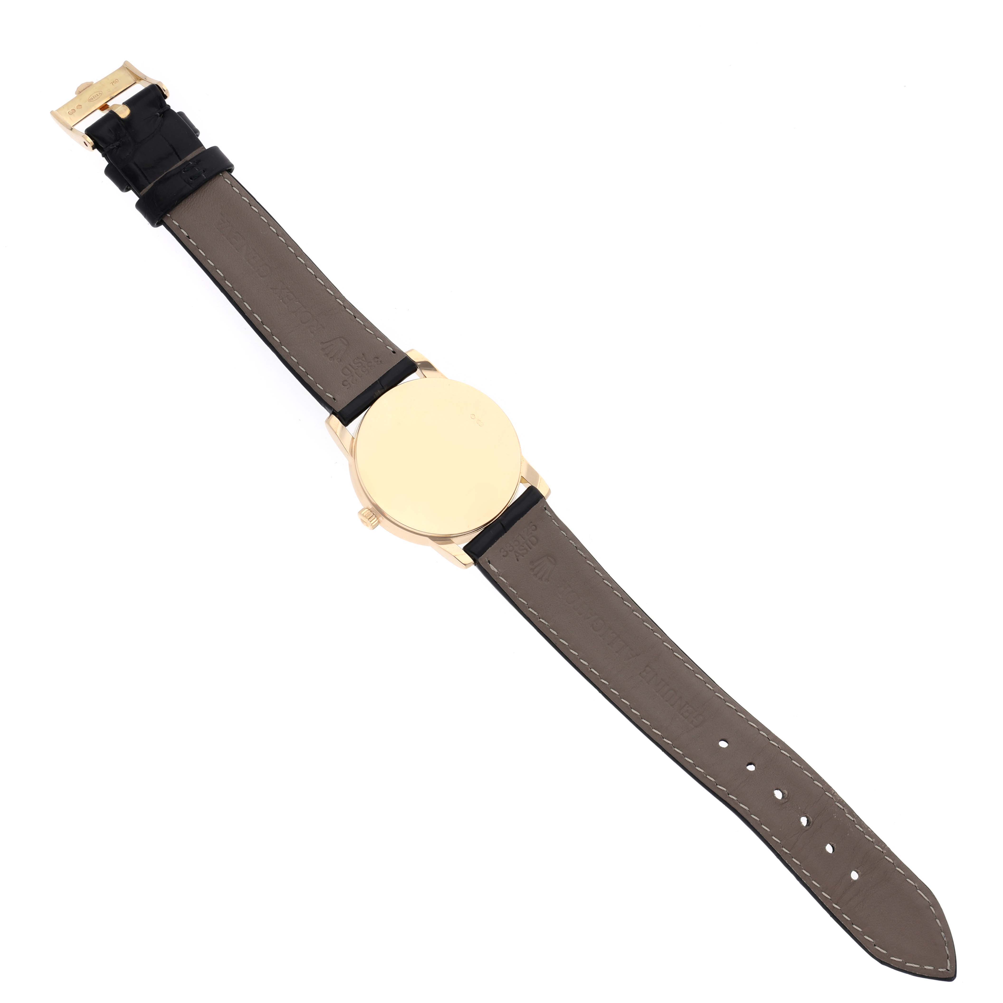 The image shows the back view of a Rolex Cellini 5116/8 Men
s Yellow Gold Champagne Dial 5116/8 Men
s Yellow Gold Champagne Dial watch, highlighting the case, strap, and buckle.