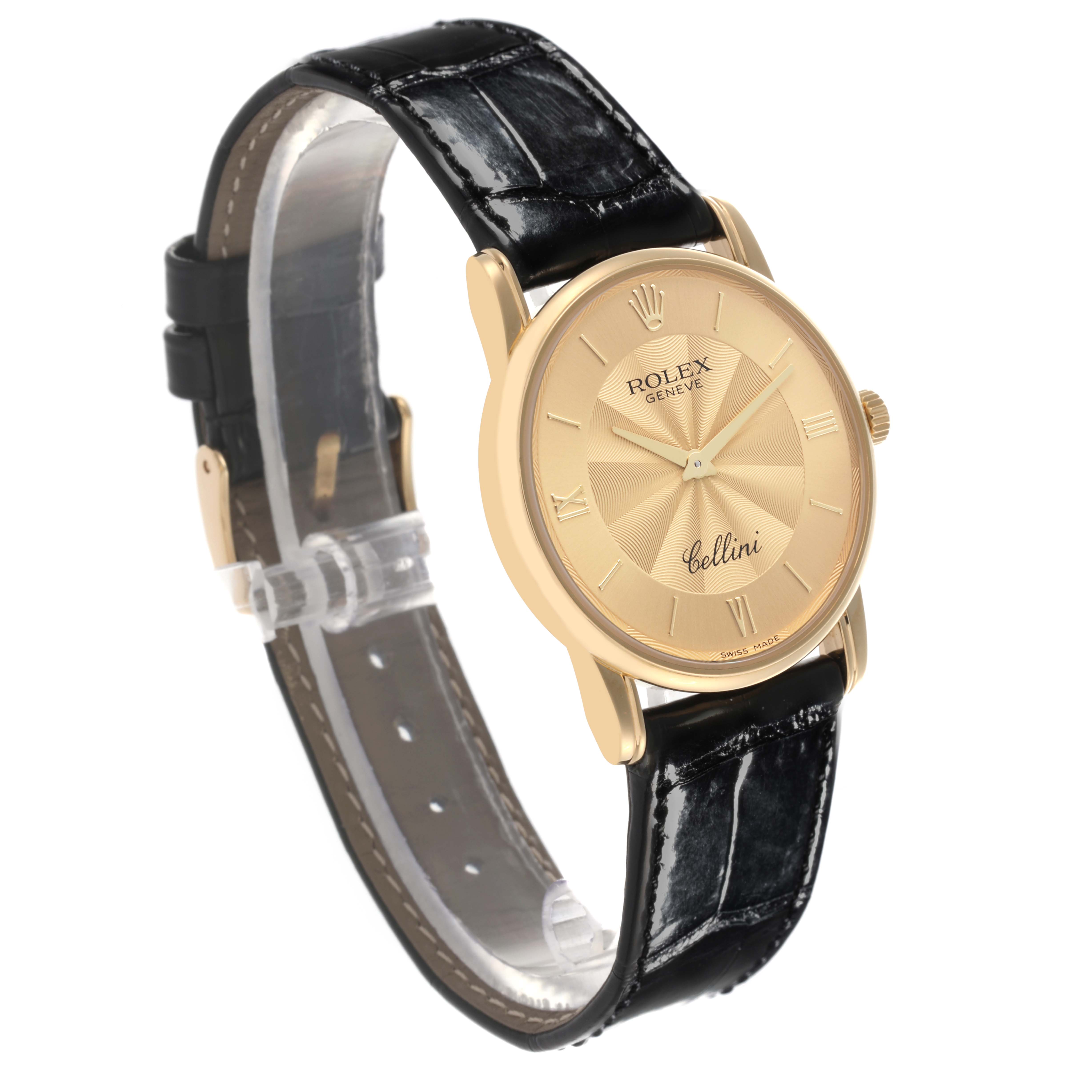 The image shows a Rolex Cellini 5116/8 Men
s Yellow Gold Champagne Dial 5116/8 Men
s Yellow Gold Champagne Dial watch at a slight angle, highlighting its gold case, black leather strap, and dial details.