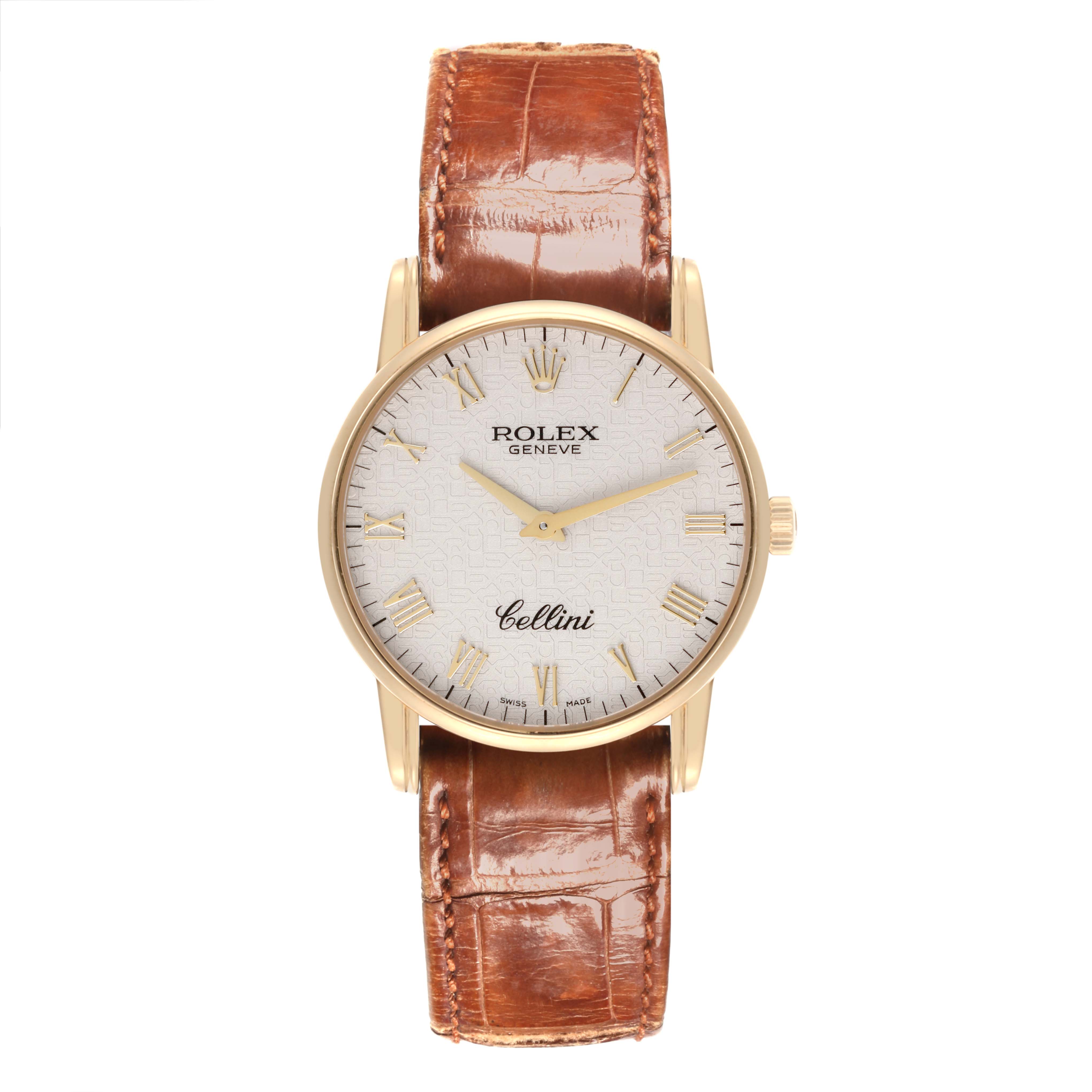 The Rolex Cellini 5116/8 Men
s Yellow Gold Beige Dial 5116/8 Men
s Yellow Gold Beige Dial watch is shown from a front angle, highlighting its face and brown leather strap.