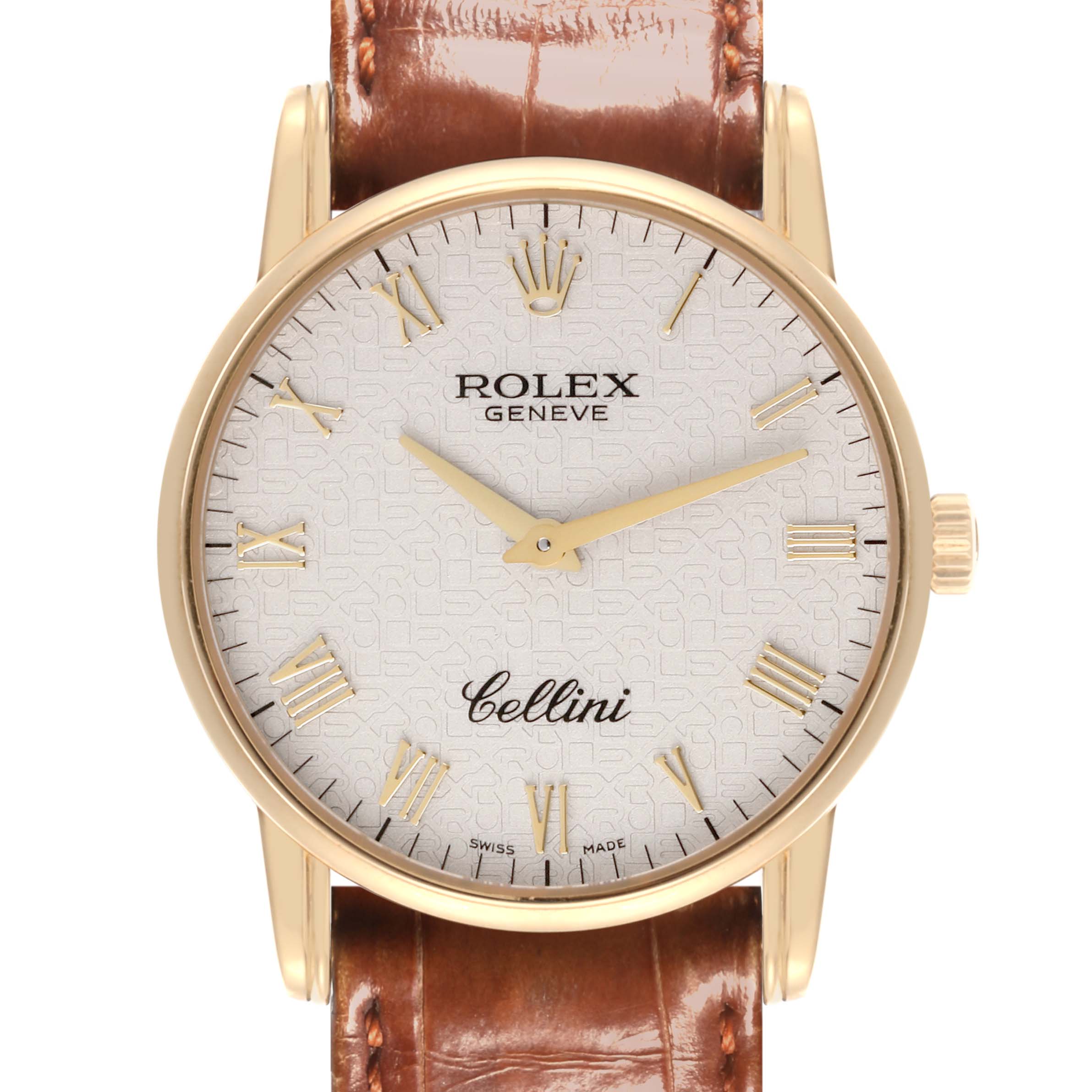 The Rolex Cellini 5116/8 Men
s Yellow Gold Beige Dial 5116/8 Men
s Yellow Gold Beige Dial watch is shown from the front, highlighting its dial, hands, case, and part of the leather strap.