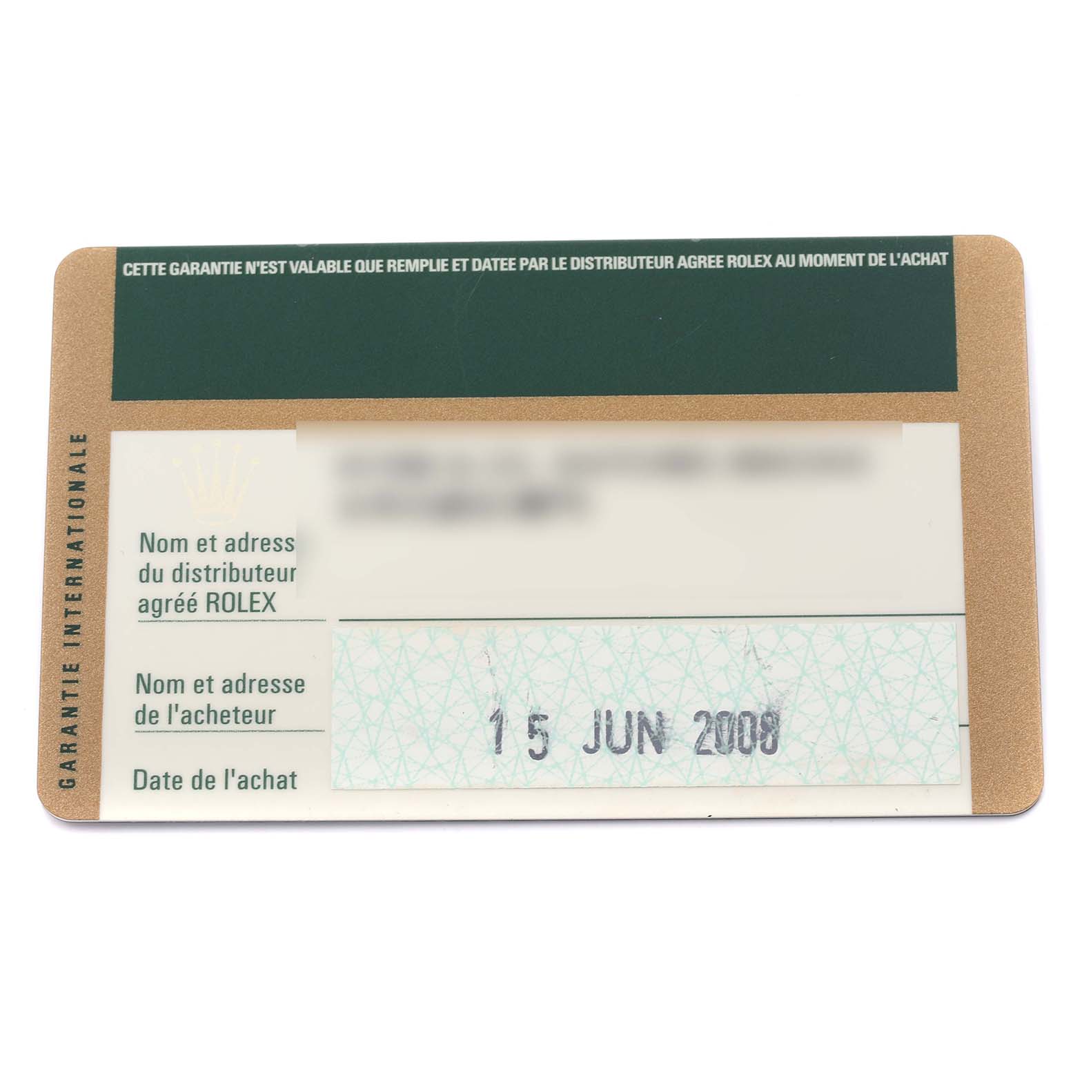 The image shows a Rolex Cellini 5116/8 Men
s Yellow Gold Beige Dial 5116/8 Men
s Yellow Gold Beige Dial warranty card, featuring purchase date and dealer information.