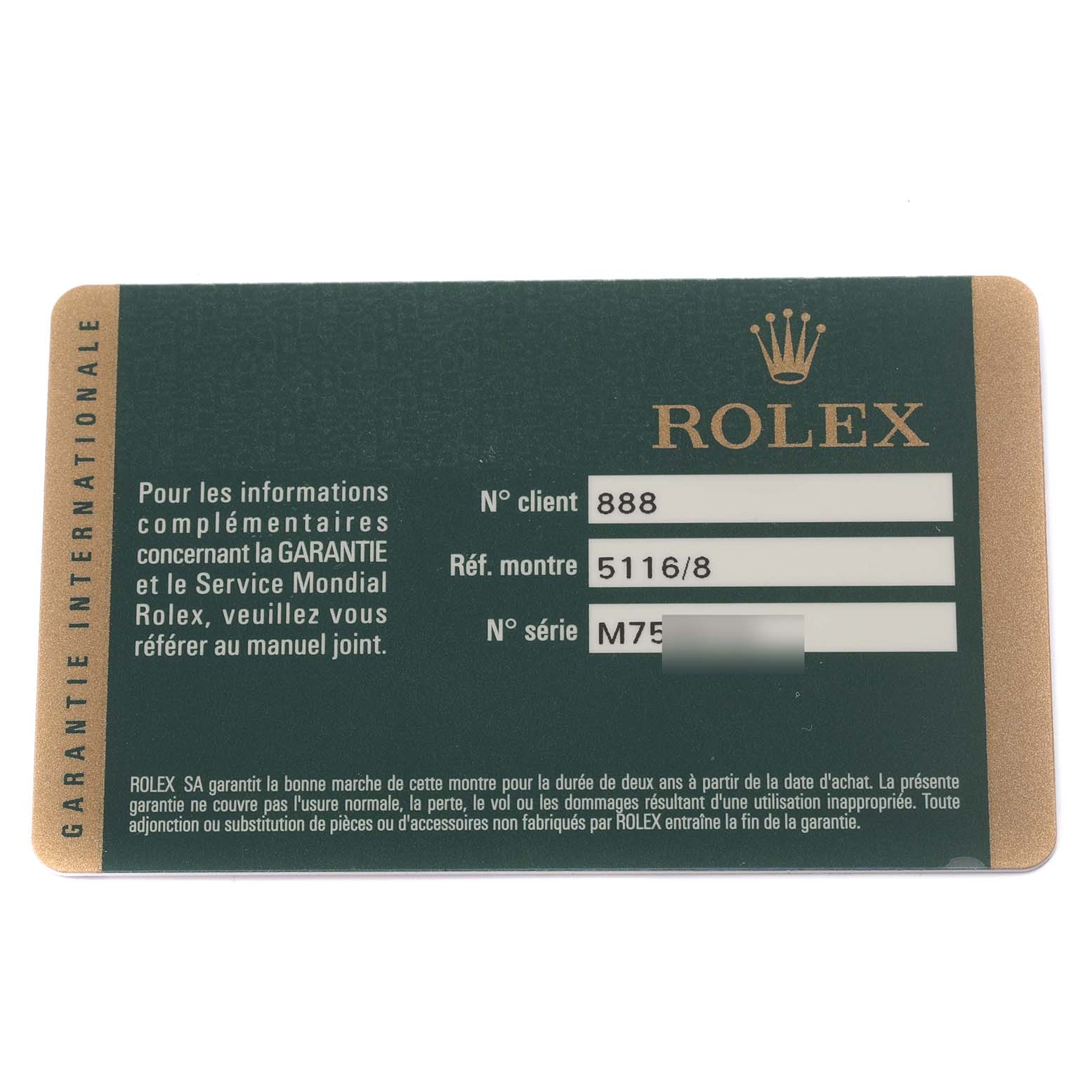 The image shows a guarantee card for a Rolex Cellini 5116/8 Men
s Yellow Gold Beige Dial 5116/8 Men
s Yellow Gold Beige Dial watch, including client, reference, and serial numbers.
