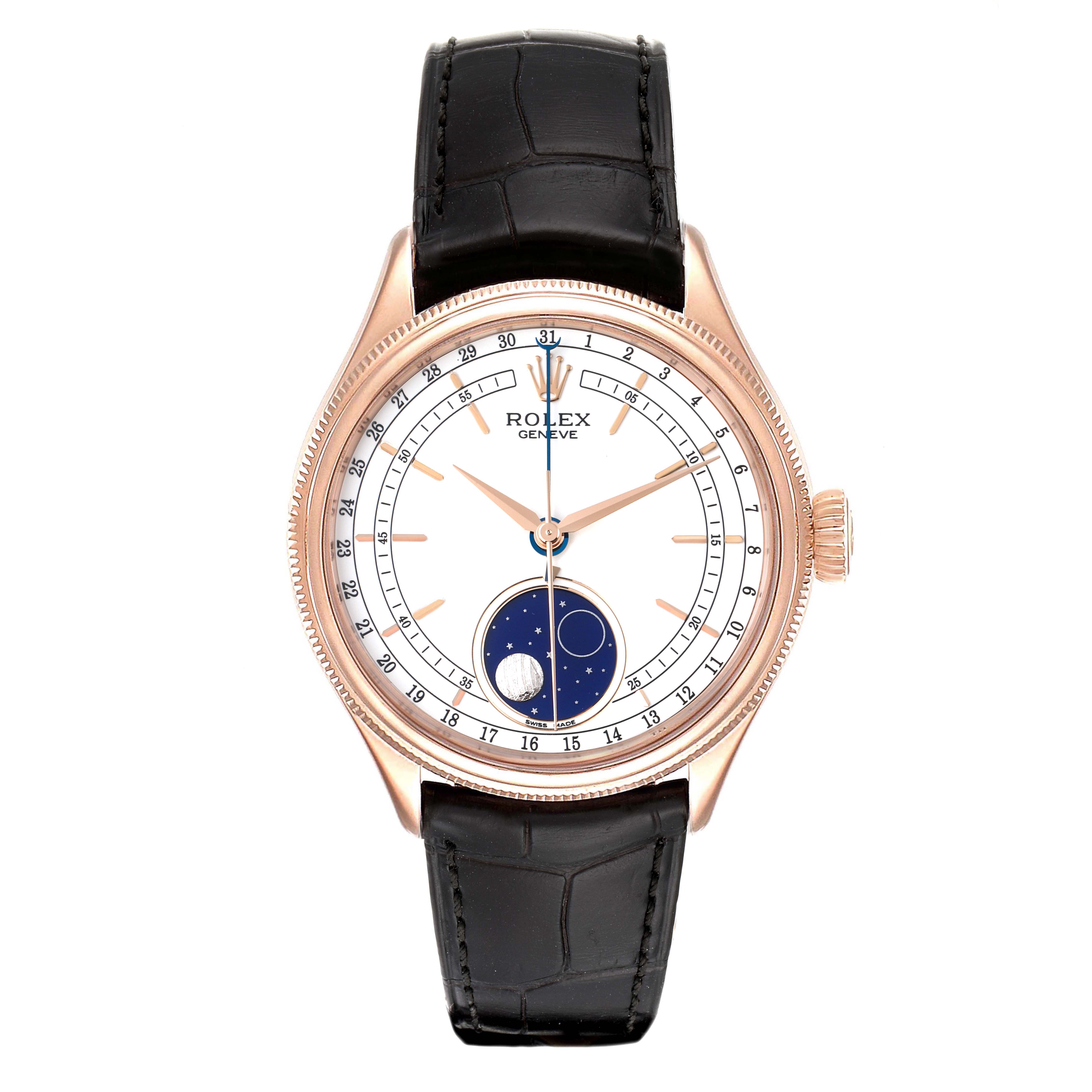 This image shows a front view of the Rolex Cellini 50535 Men
s Rose Gold White Dial 50535 Men
s Rose Gold White Dial watch, highlighting its dial, moon phase indicator, and black leather strap.