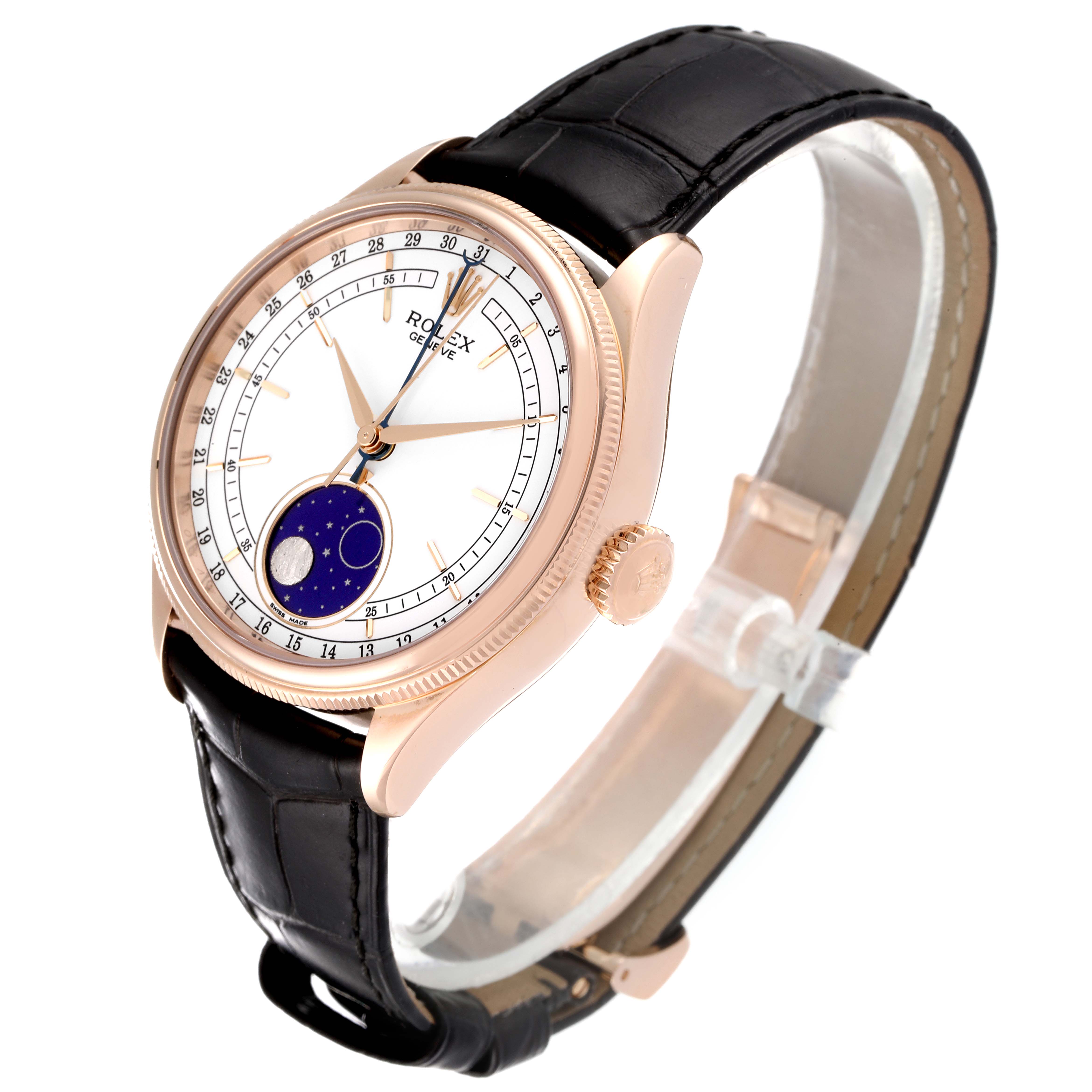 The Rolex Cellini 50535 Men
s Rose Gold White Dial 50535 Men
s Rose Gold White Dial watch is shown from a front angle, displaying its dial, bezel, crown, and black leather strap.