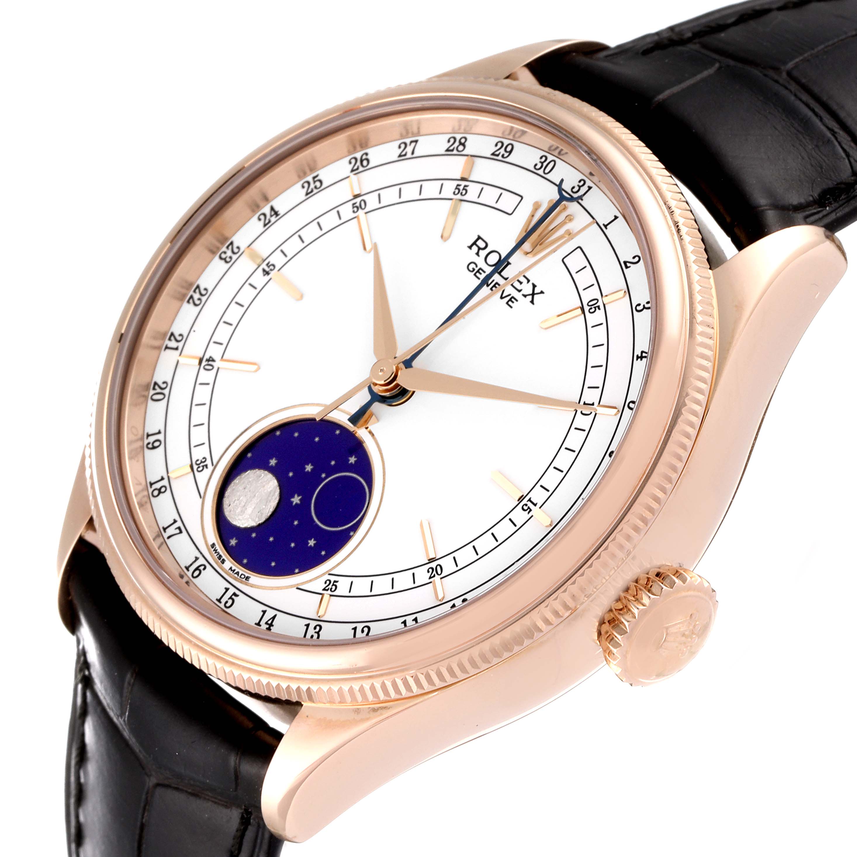 This image shows a close-up of the Rolex Cellini 50535 Men
s Rose Gold White Dial 50535 Men
s Rose Gold White Dial watch
s face, crown, and strap, with  an angled view highlighting its details.