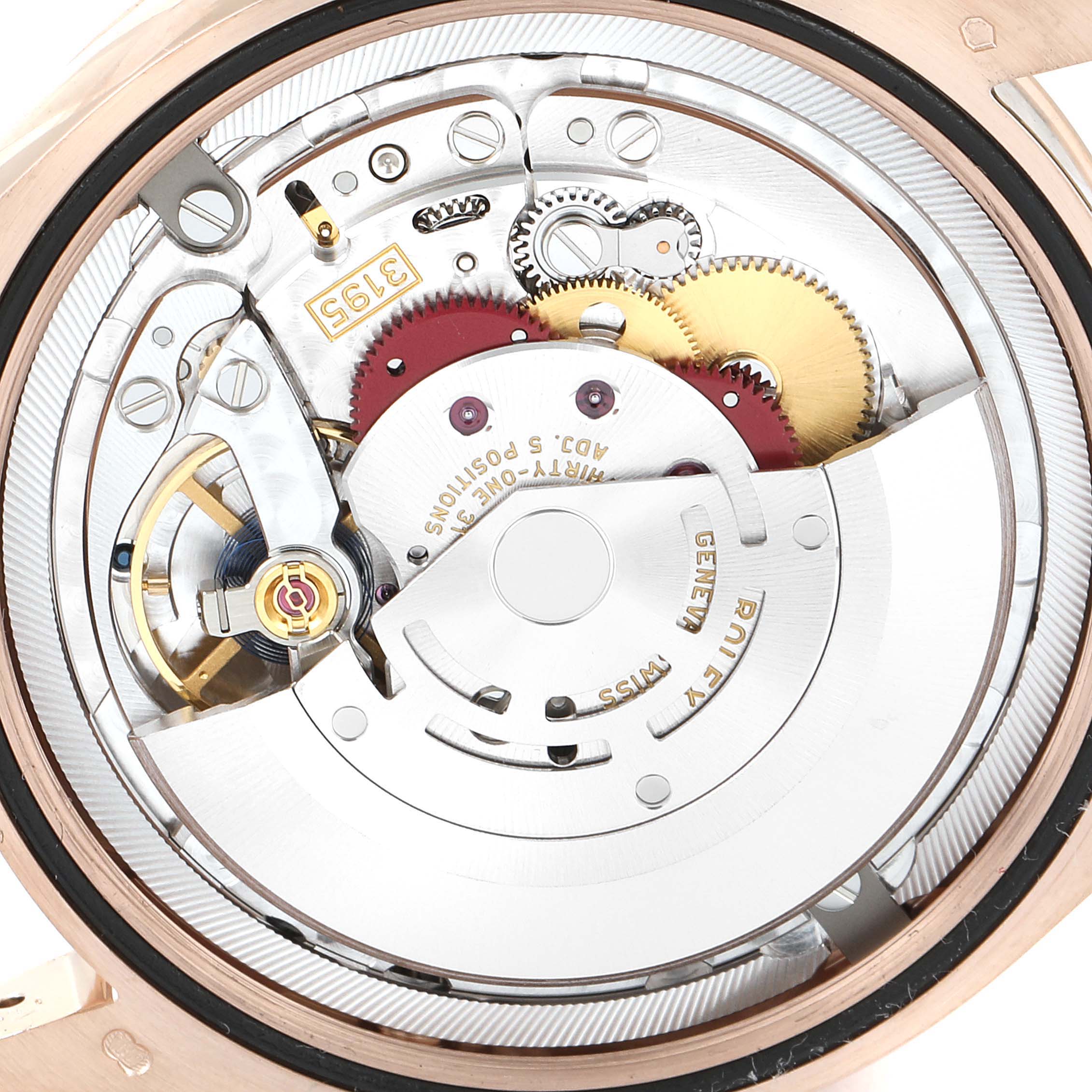 The image shows the intricate internal mechanism of a Rolex Cellini 50535 Men
s Rose Gold White Dial 50535 Men
s Rose Gold White Dial watch, viewed from the back.