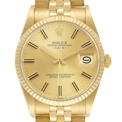 The Rolex Date 15037 Men's Yellow Gold Champagne Dial watch is shown from a straight-on angle, highlighting the dial, crown, and part of the bracelet.