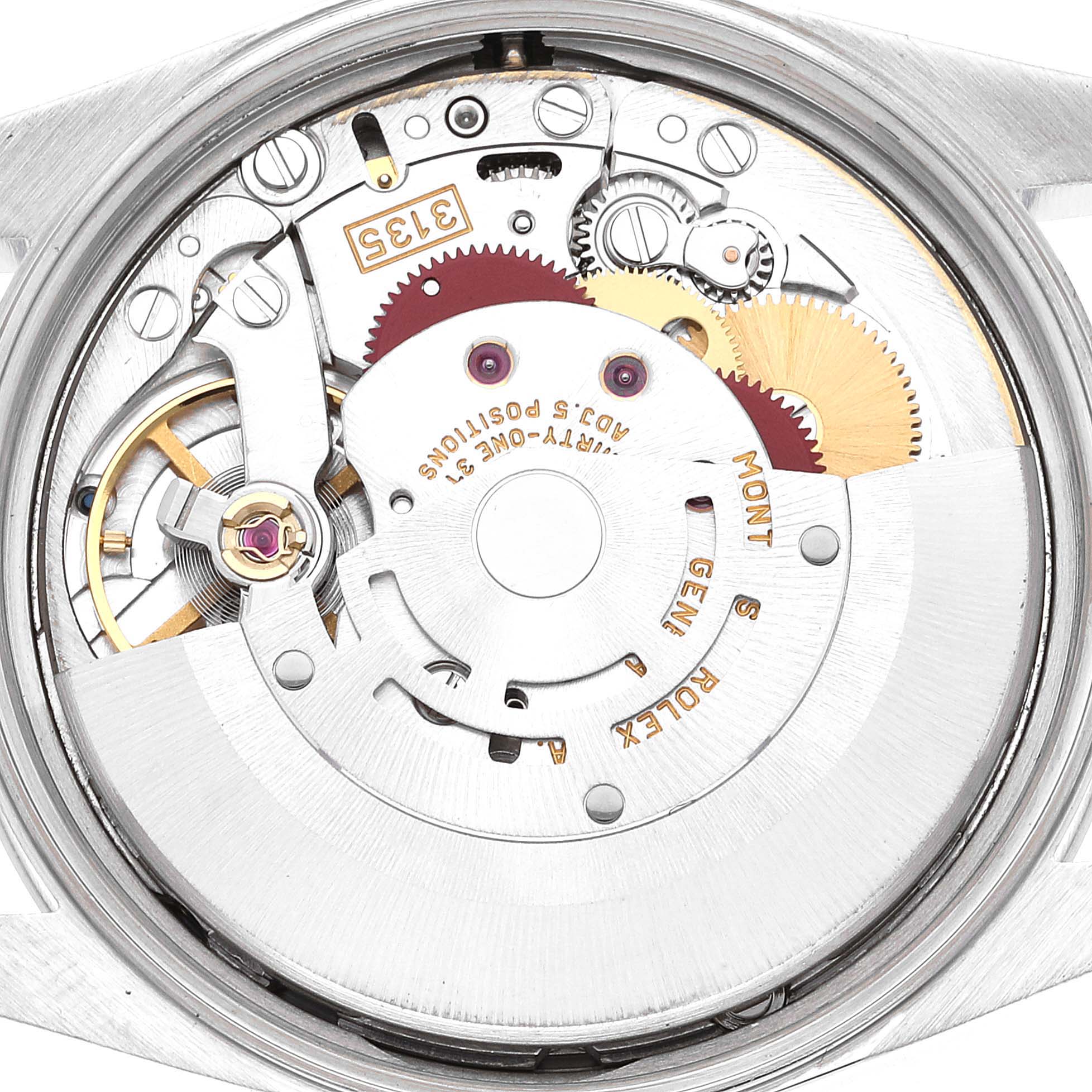 The image shows a close-up view of the internal movement of a Rolex Date 15200 Men
s Stainless Steel Black Dial 15200 Men
s Stainless Steel Black Dial model watch, highlighting gears and markings.