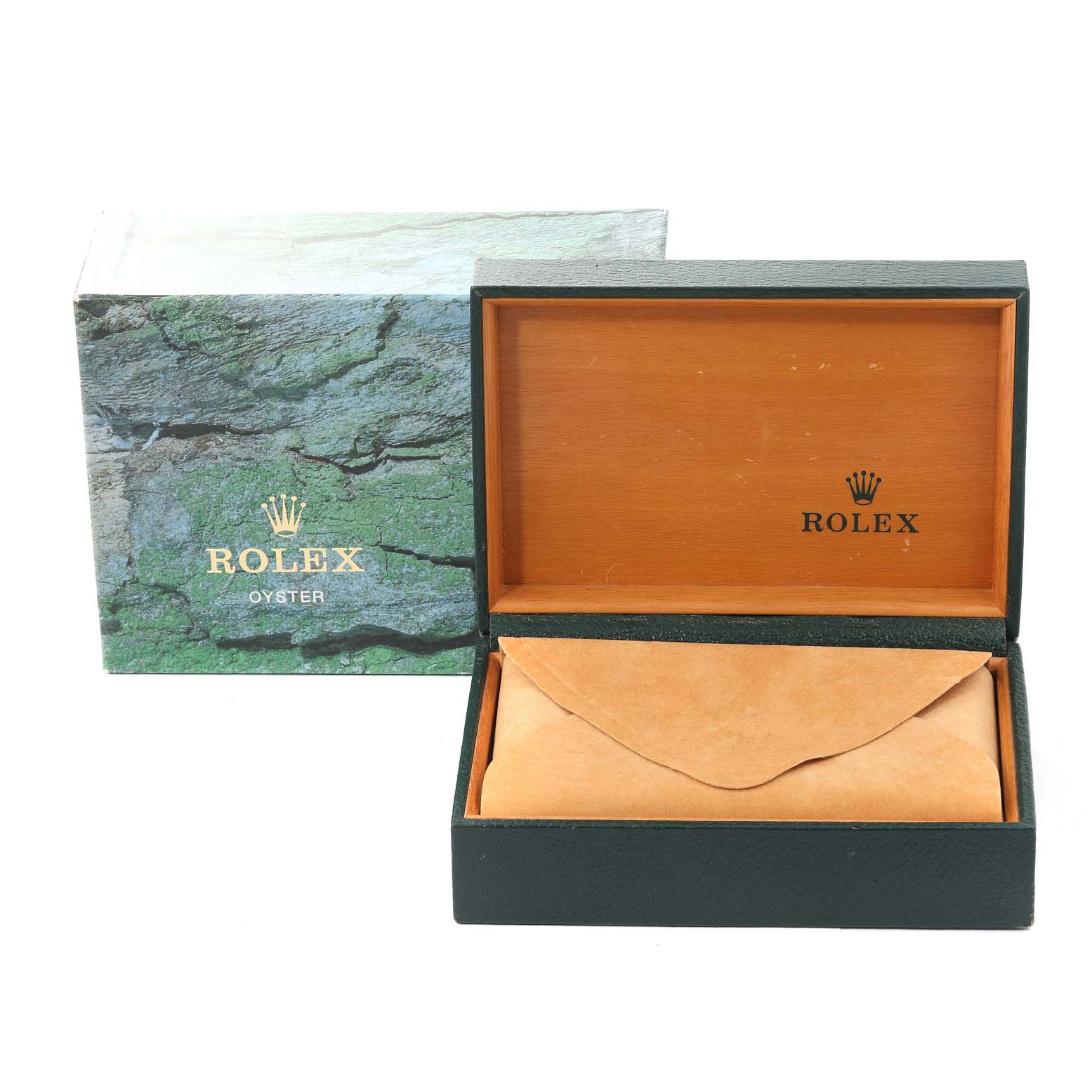 The image shows the open box packaging for a Rolex Date 15200 Men
s Stainless Steel Black Dial 15200 Men
s Stainless Steel Black Dial model, featuring the inner and outer boxes.