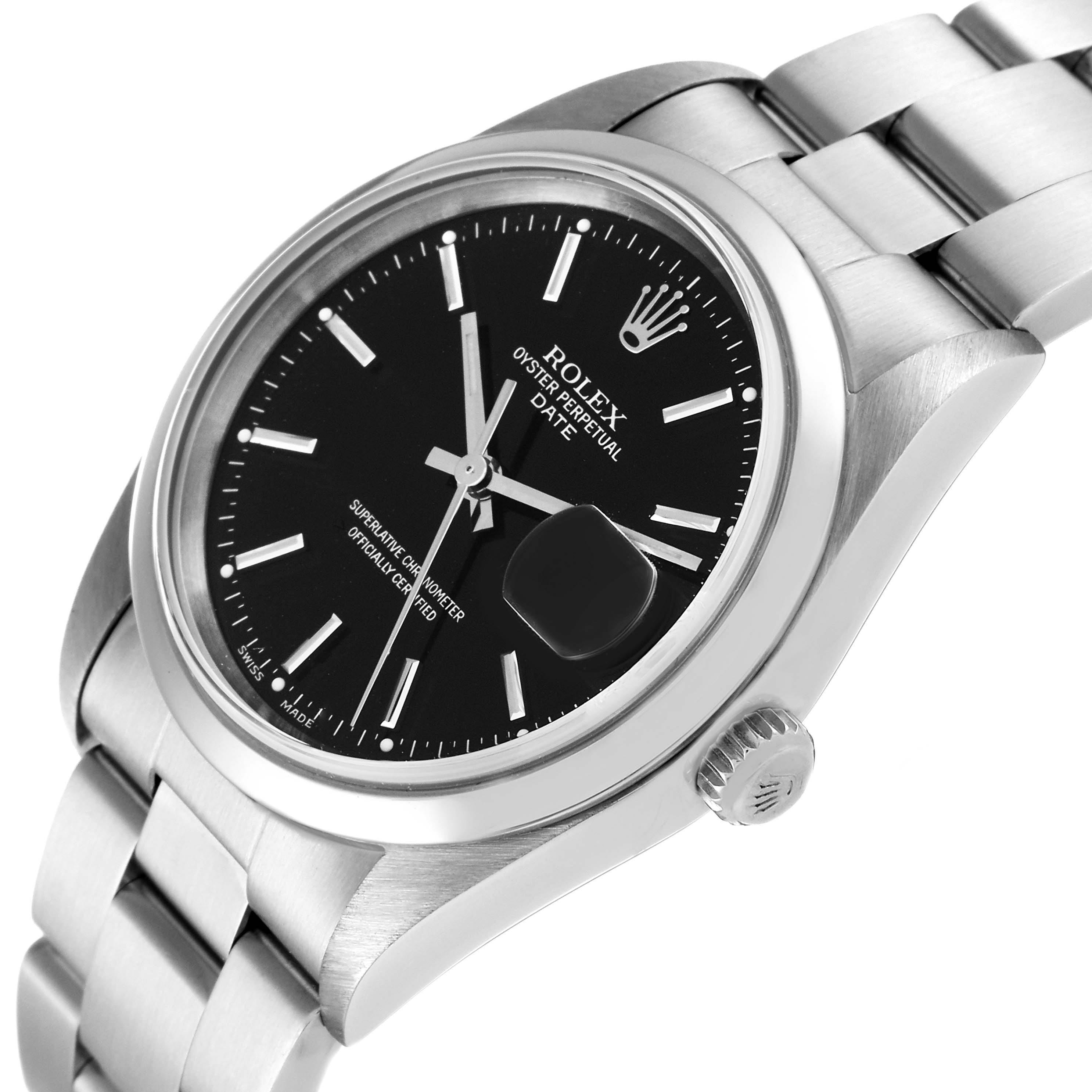 The image shows a Rolex Date 15200 Men
s Stainless Steel Black Dial 15200 Men
s Stainless Steel Black Dial watch at an angled view, highlighting the face, bezel, crown, and part of the bracelet.