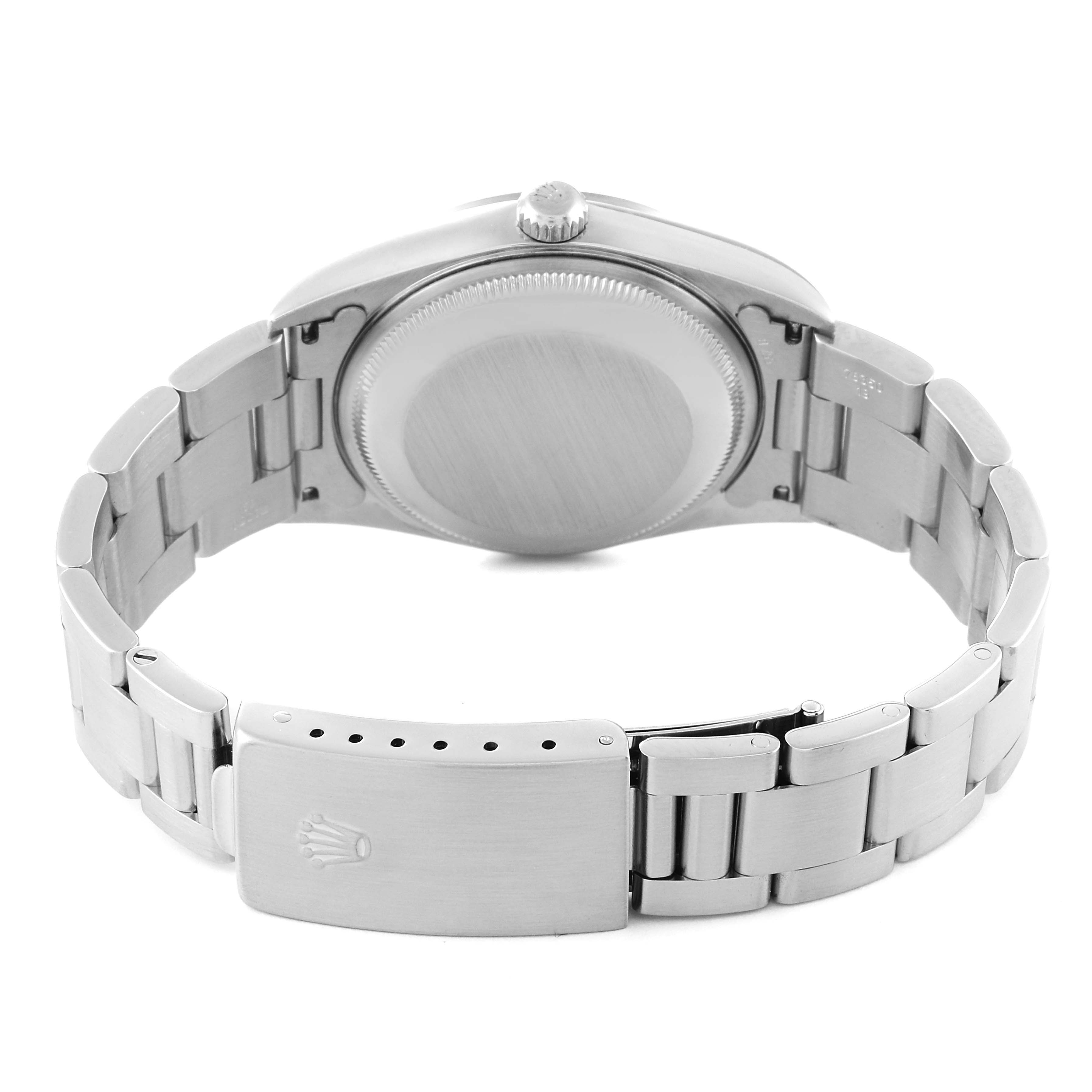 This image shows the back view of the Rolex Date 15200 Men
s Stainless Steel Black Dial 15200 Men
s Stainless Steel Black Dial model watch, including its clasp and bracelet links.