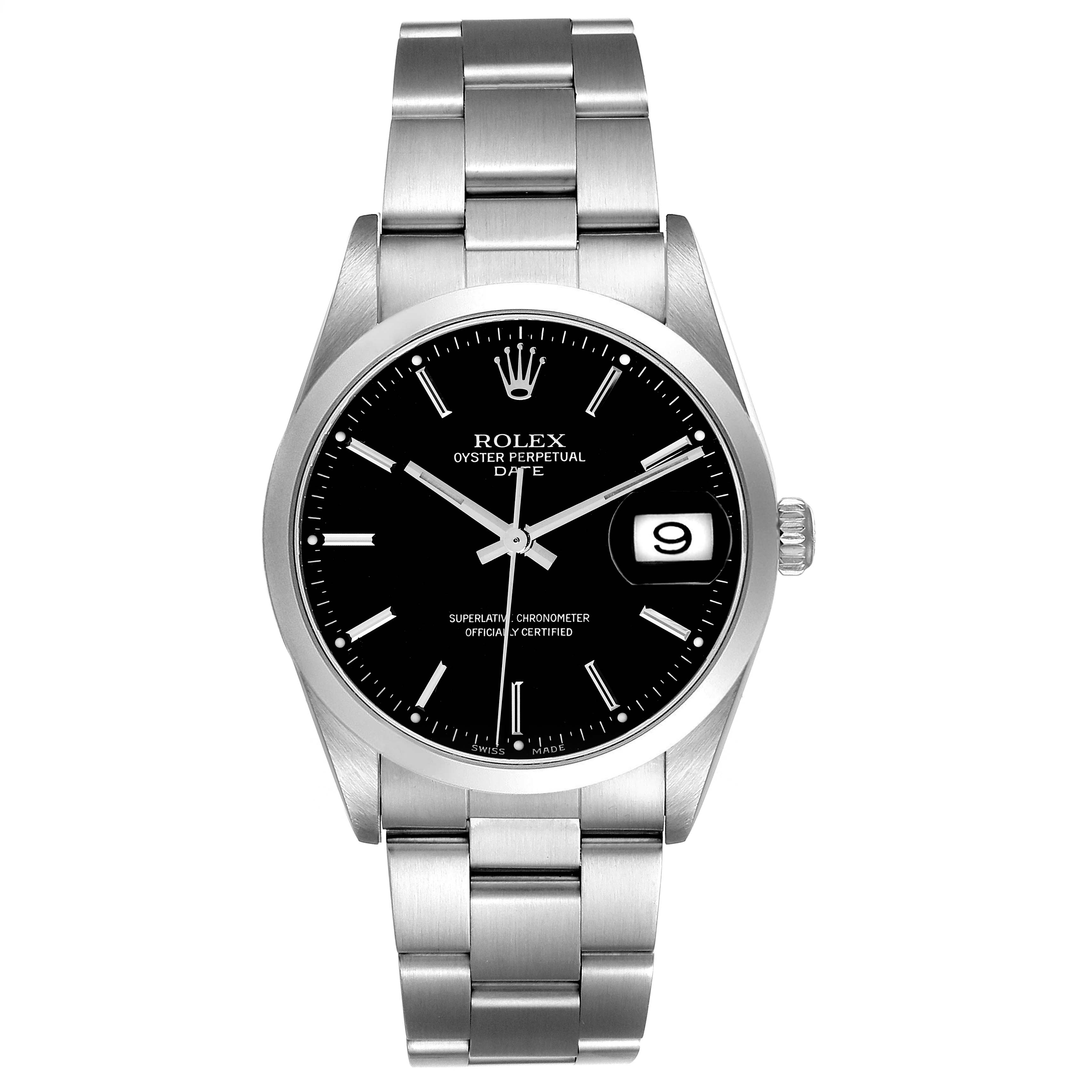 This is a front view of a Rolex Date 15200 Men
s Stainless Steel Black Dial 15200 Men
s Stainless Steel Black Dial model watch showing the dial, bracelet, crown, and date window.