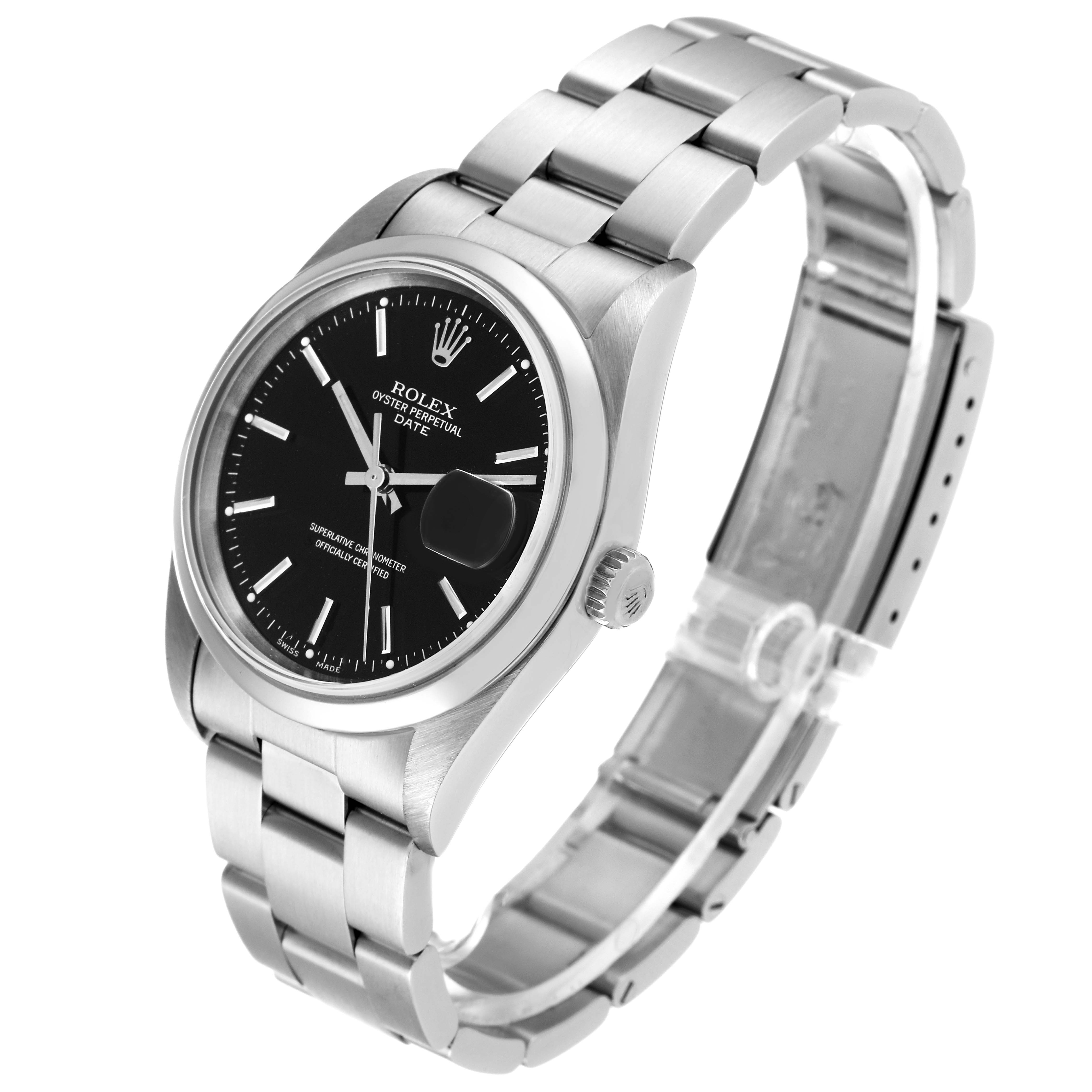 The Rolex Date 15200 Men
s Stainless Steel Black Dial 15200 Men
s Stainless Steel Black Dial model watch is shown at a slight angle, revealing the face, bezel, crown, and bracelet.