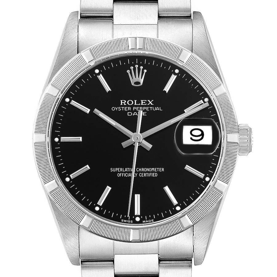 The Rolex Date watch is shown from a front angle, highlighting its dial, bezel, crown, and part of the bracelet.