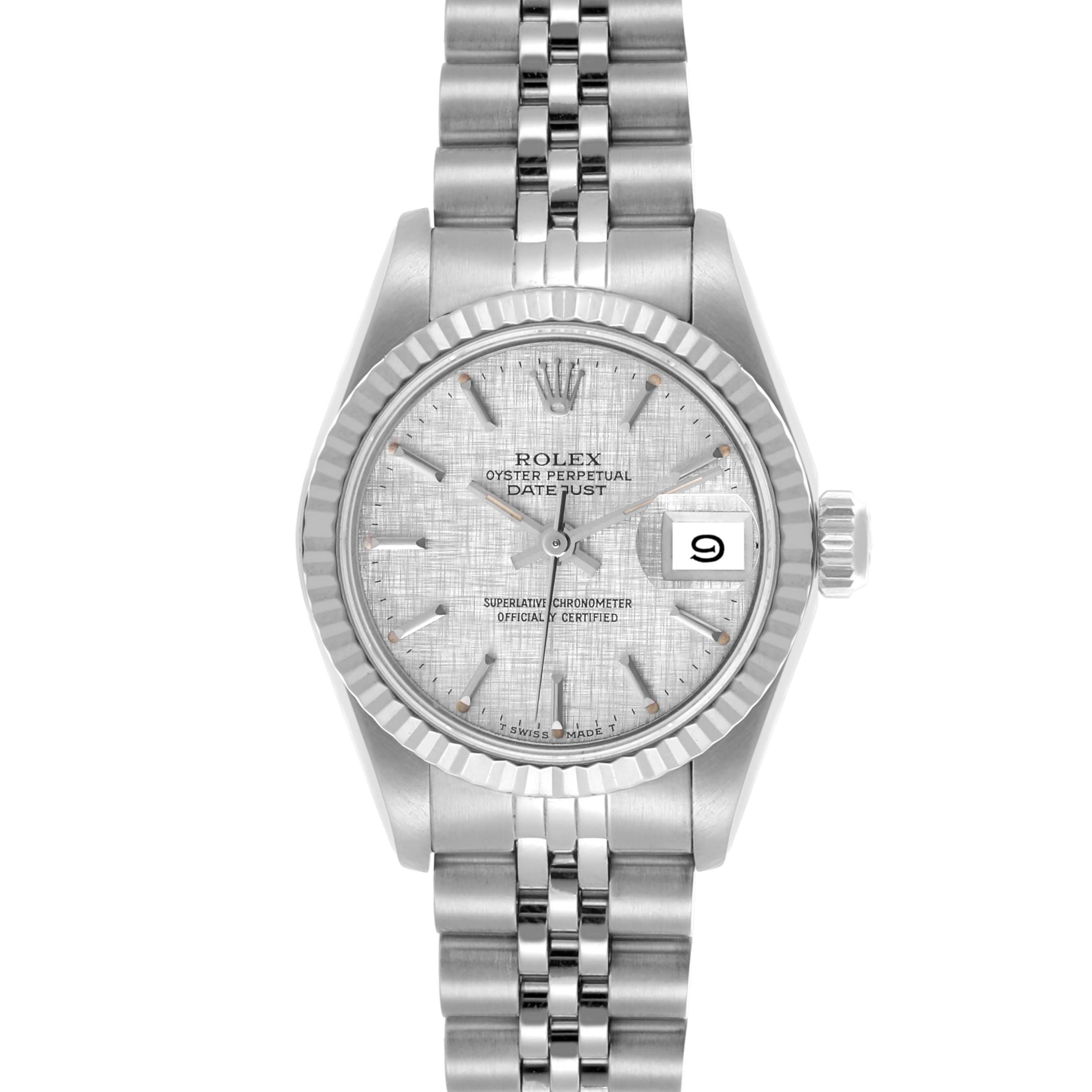 The Rolex Datejust 69174 Women's Stainless Steel Silver Dial 69174 Women's Stainless Steel Silver Dial watch is shown from the front, displaying its dial, bezel, crown, and part of the bracelet.