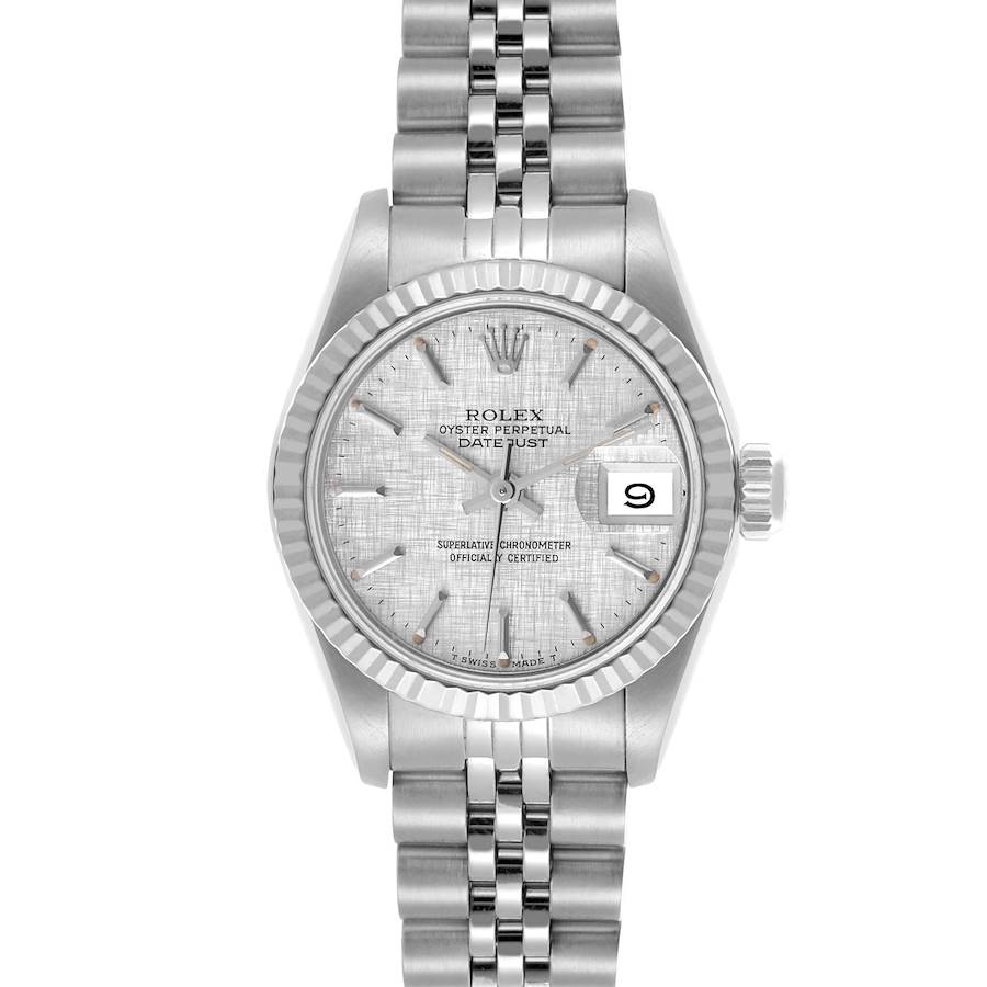 The Rolex Datejust watch is shown from the front, displaying its dial, bezel, crown, and part of the bracelet.