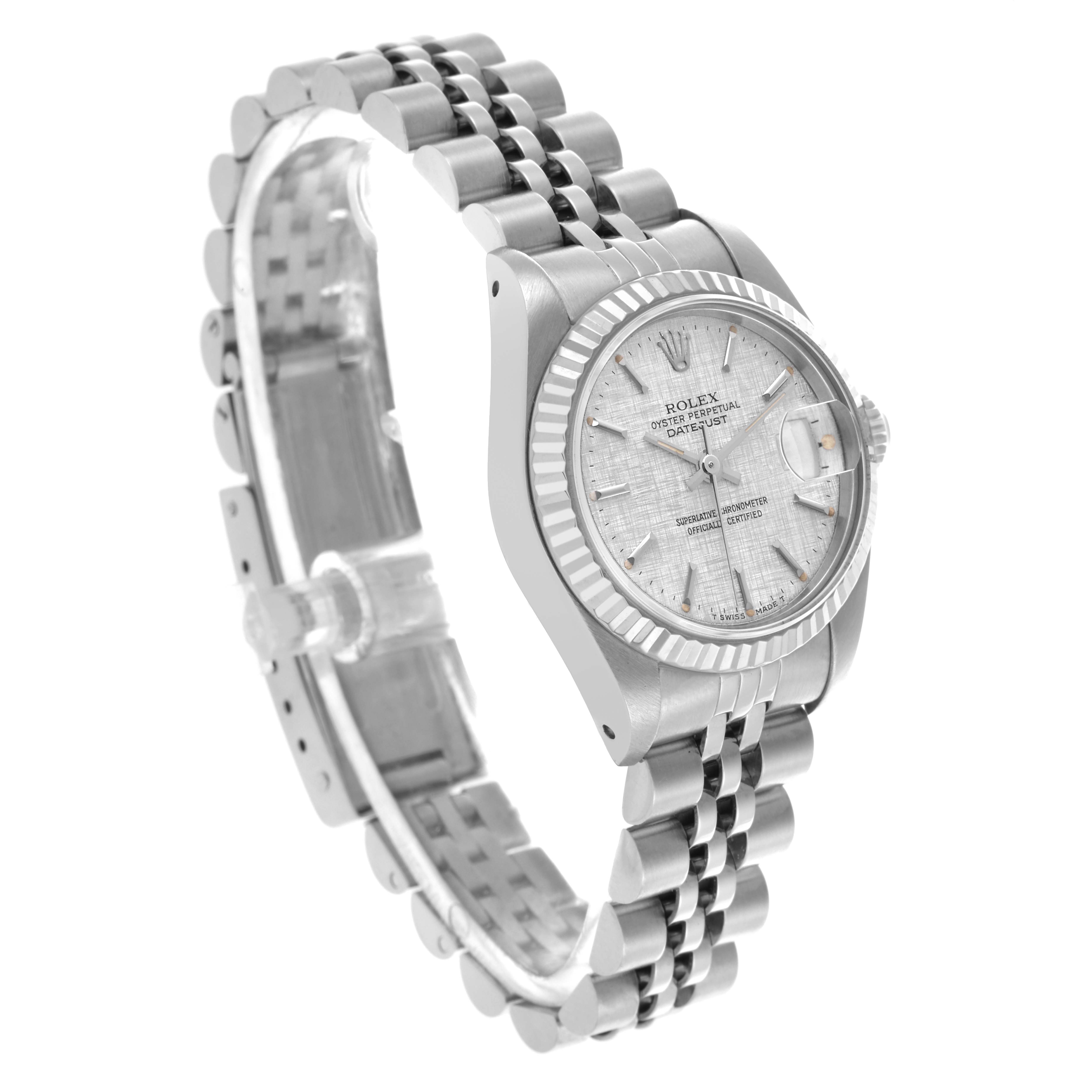 The Rolex Datejust 69174 Women's Stainless Steel Silver Dial 69174 Women's Stainless Steel Silver Dial watch is shown at a three-quarter angle, highlighting the face, bezel, and bracelet.