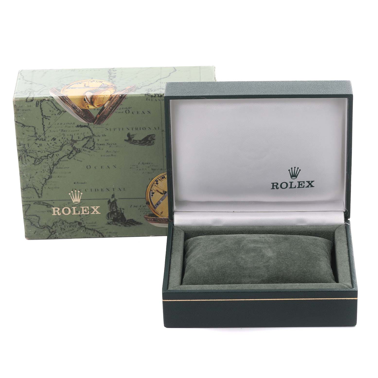 The image shows a Rolex Datejust 69174 Women's Stainless Steel Silver Dial 69174 Women's Stainless Steel Silver Dial box set, including the green exterior box and an open display box with a cushioned interior.