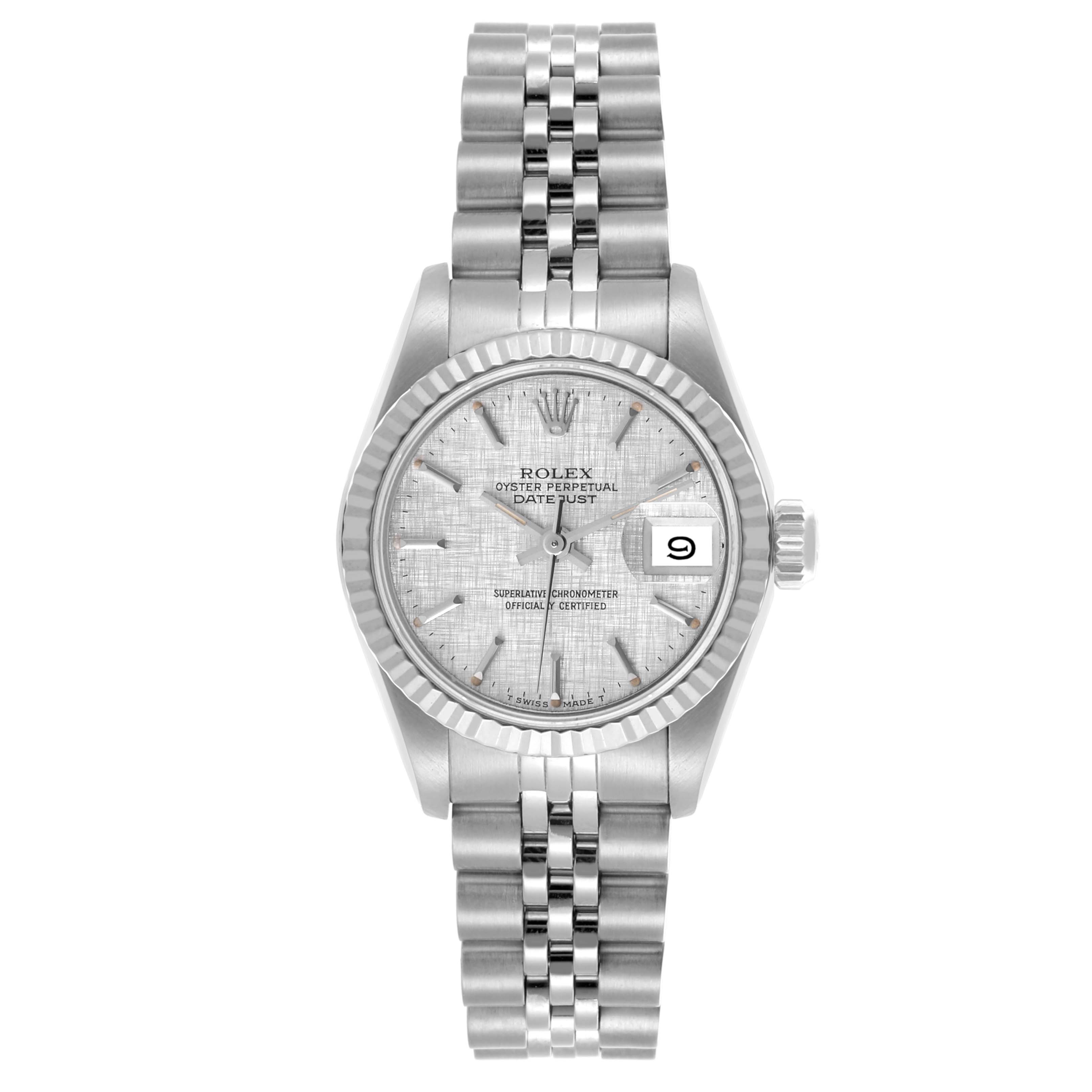 The Rolex Datejust 69174 Women's Stainless Steel Silver Dial 69174 Women's Stainless Steel Silver Dial watch is shown from a front angle, highlighting the dial, bezel, bracelet, and date window.