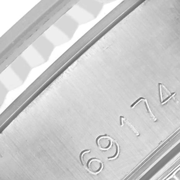 The image shows a close-up of the metal band clasp with engraved numbers on the Rolex Datejust 69174 Women's Stainless Steel Silver Dial 69174 Women's Stainless Steel Silver Dial watch.