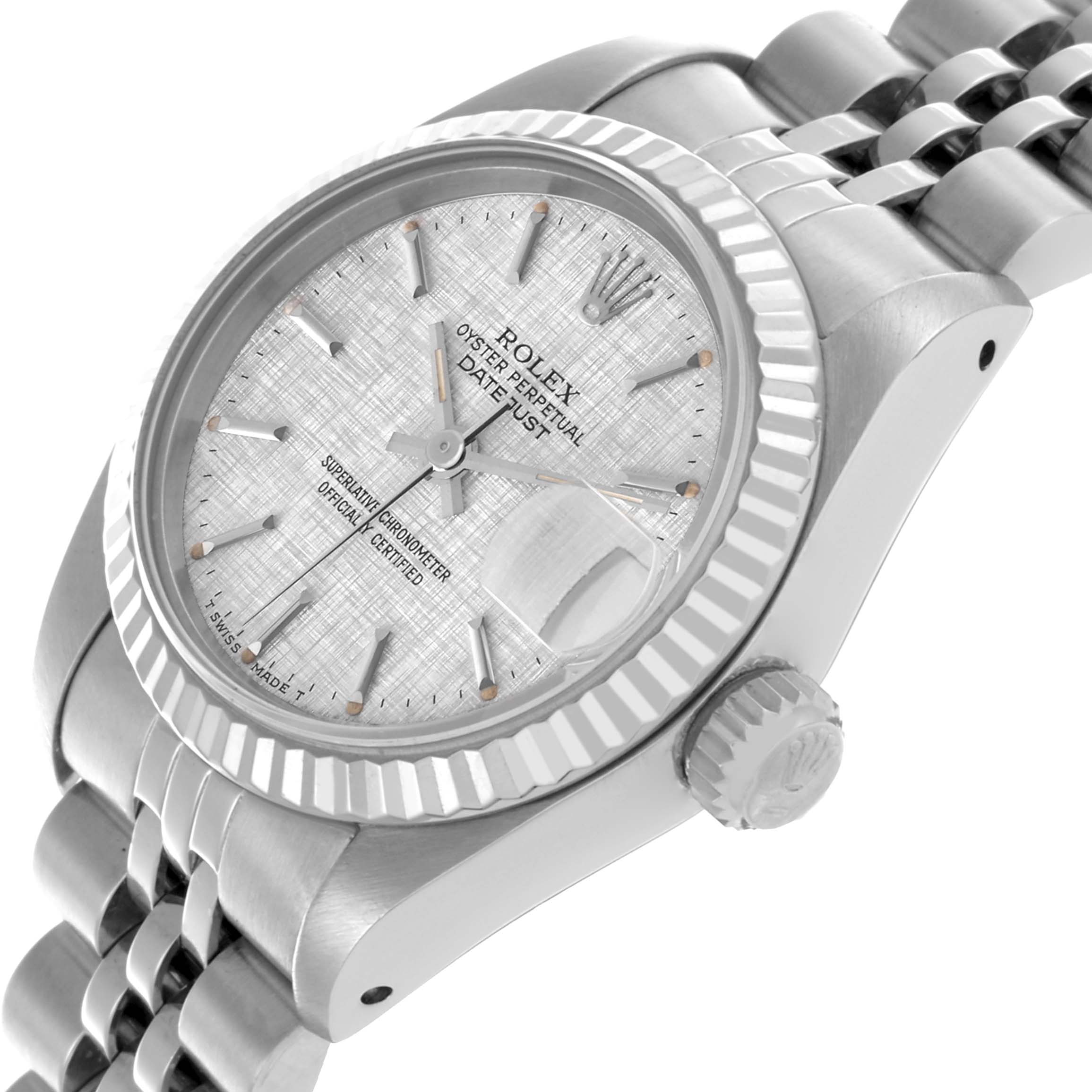 The Rolex Datejust 69174 Women's Stainless Steel Silver Dial 69174 Women's Stainless Steel Silver Dial watch is shown at an angled view, highlighting its face, bezel, crown, and part of the bracelet.