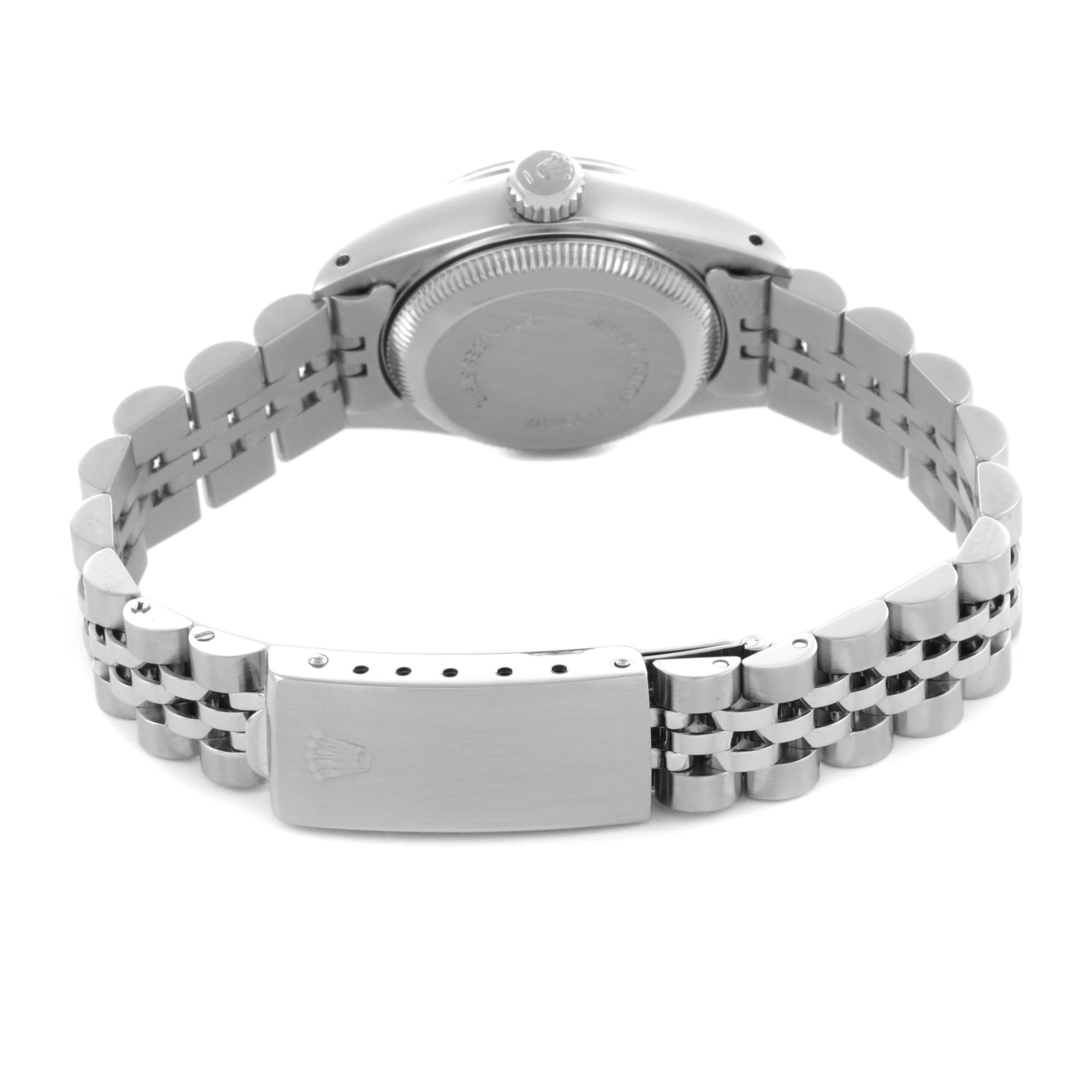 The image shows the back view of a Rolex Datejust 69174 Women's Stainless Steel Silver Dial 69174 Women's Stainless Steel Silver Dial watch, highlighting the case back and bracelet clasp.